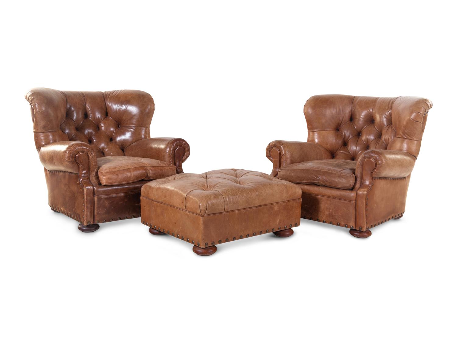 A Pair of Leather Upholstered Wingback Armchairs with Ottoman, Retailed by RH