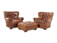 A Pair of Leather Upholstered Wingback Armchairs with Ottoman, Retailed by RH