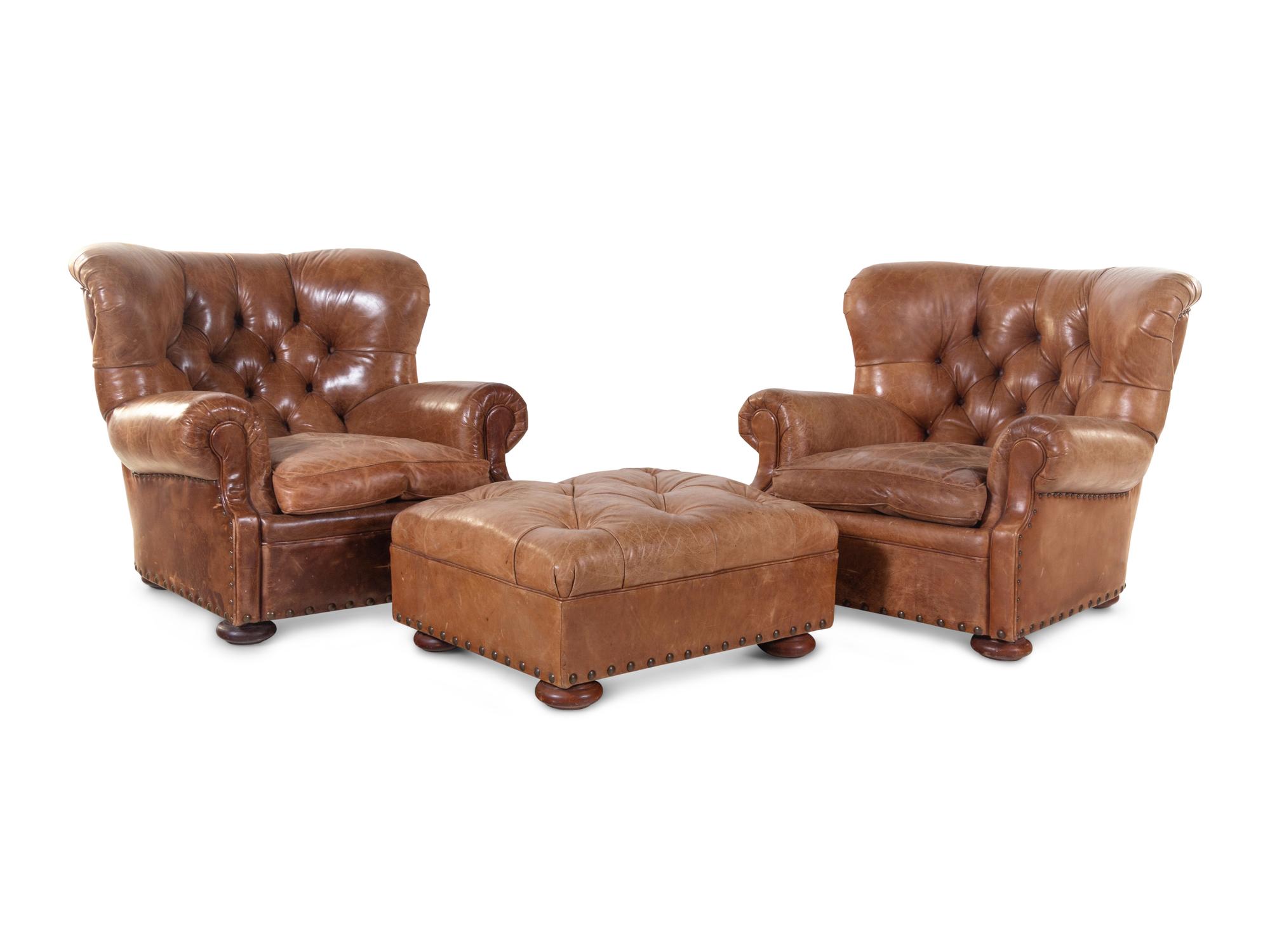 A Pair of Leather Upholstered Wingback Armchairs with Ottoman, Retailed by RH