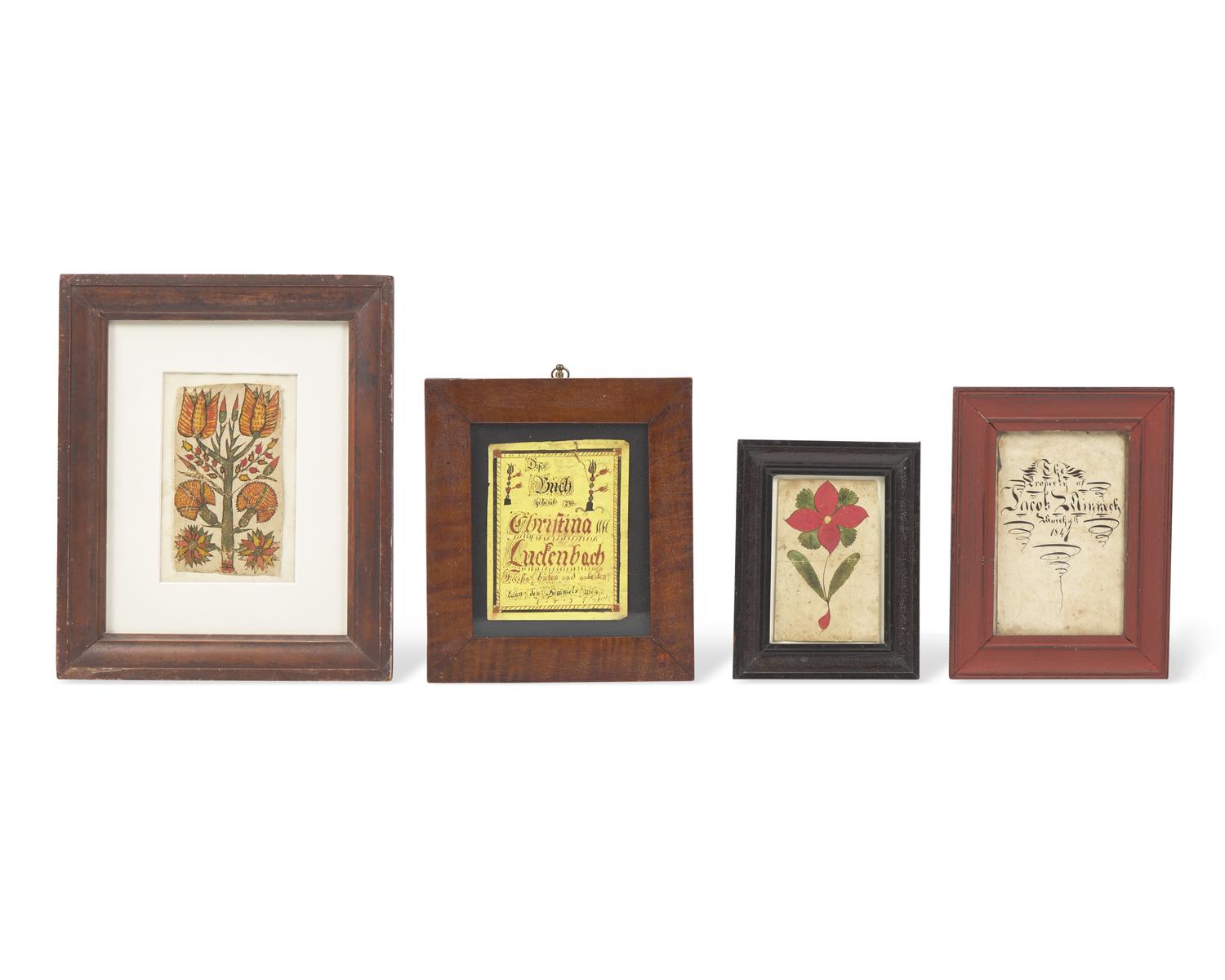 A Group of Four Fraktur Drawings, Bookplates, or Awards of Merit, Pennsylvania, 19th Century