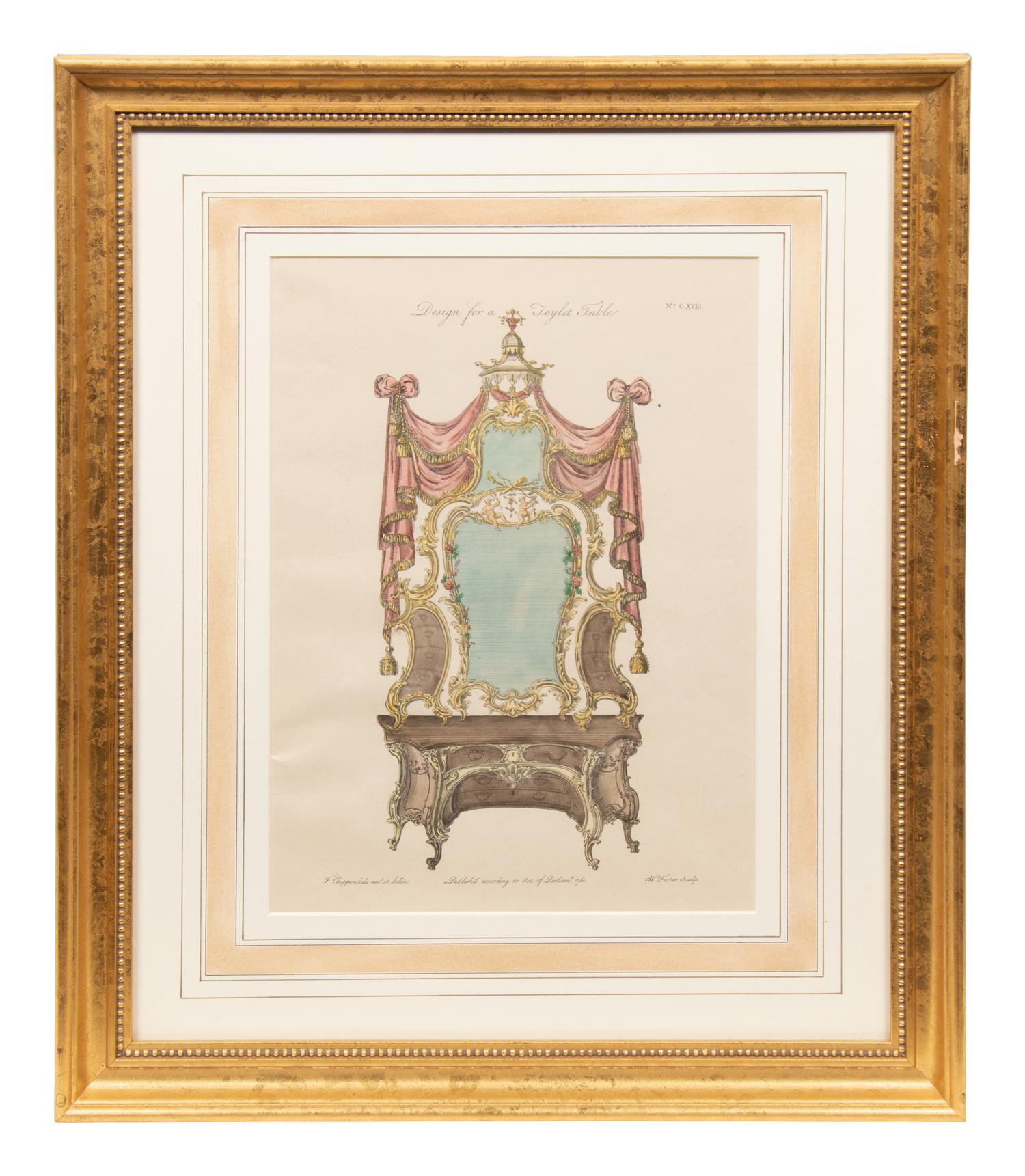 A Set of Eleven Giltwood-Framed French Colored Furniture Engravings