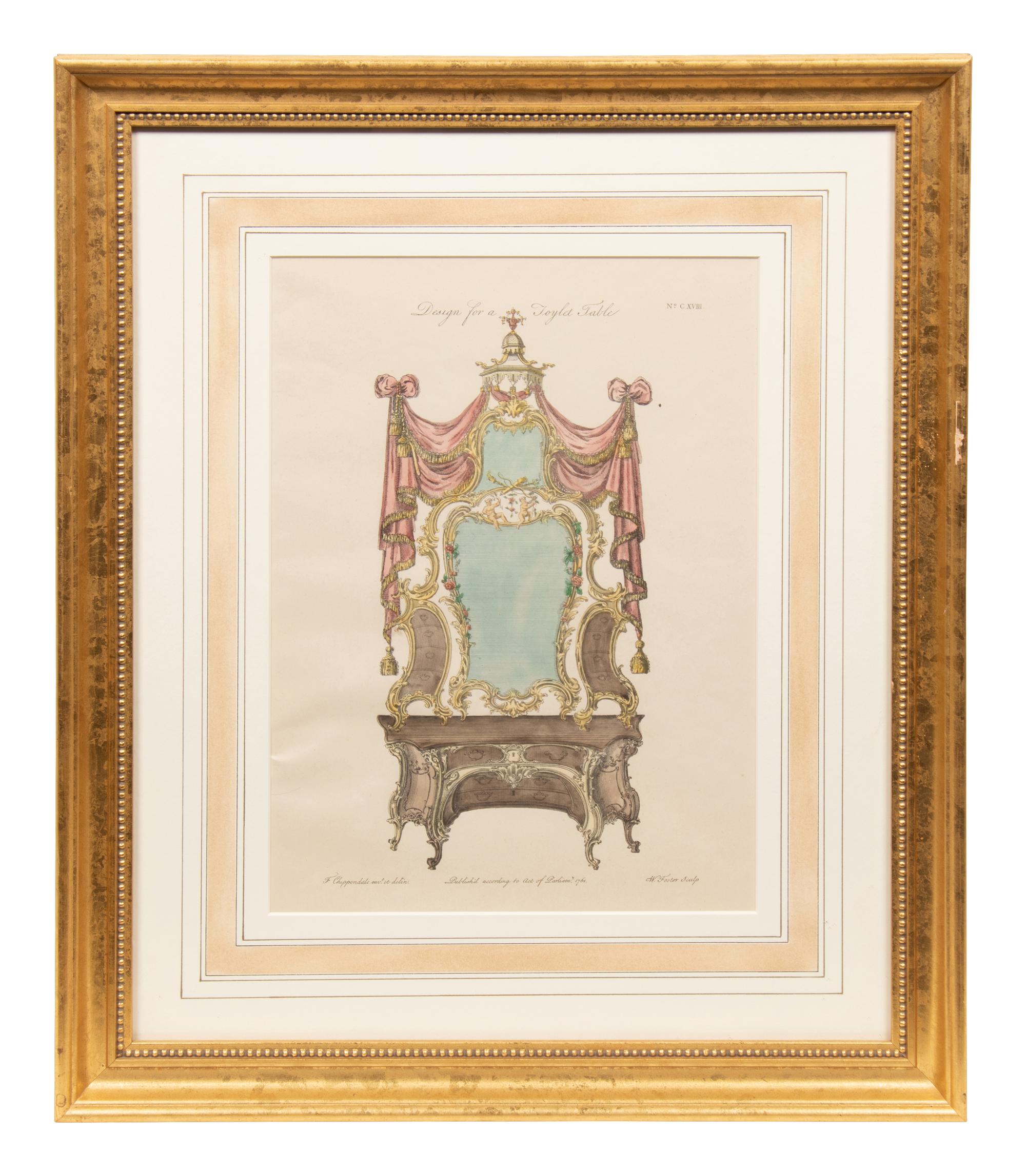 A Set of Eleven Giltwood-Framed French Colored Furniture Engravings