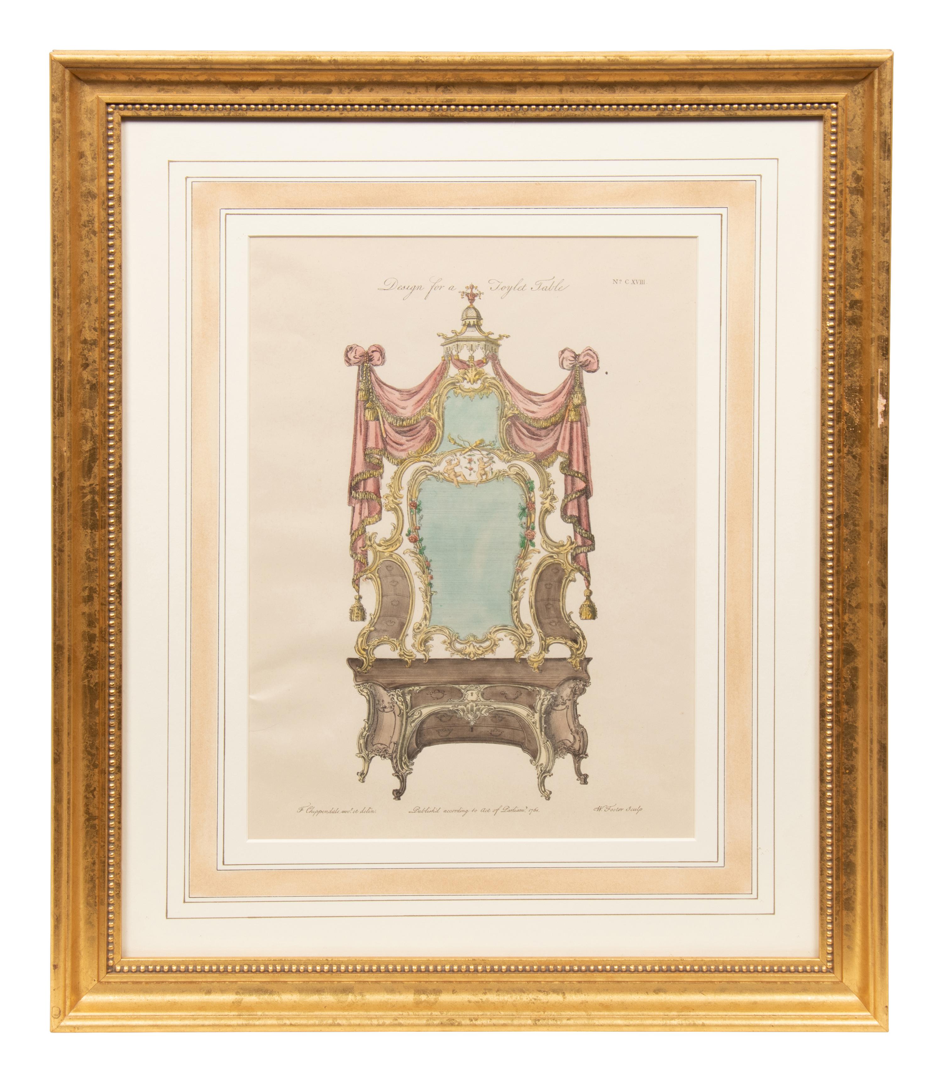 A Set of Eleven Giltwood-Framed French Colored Furniture Engravings
