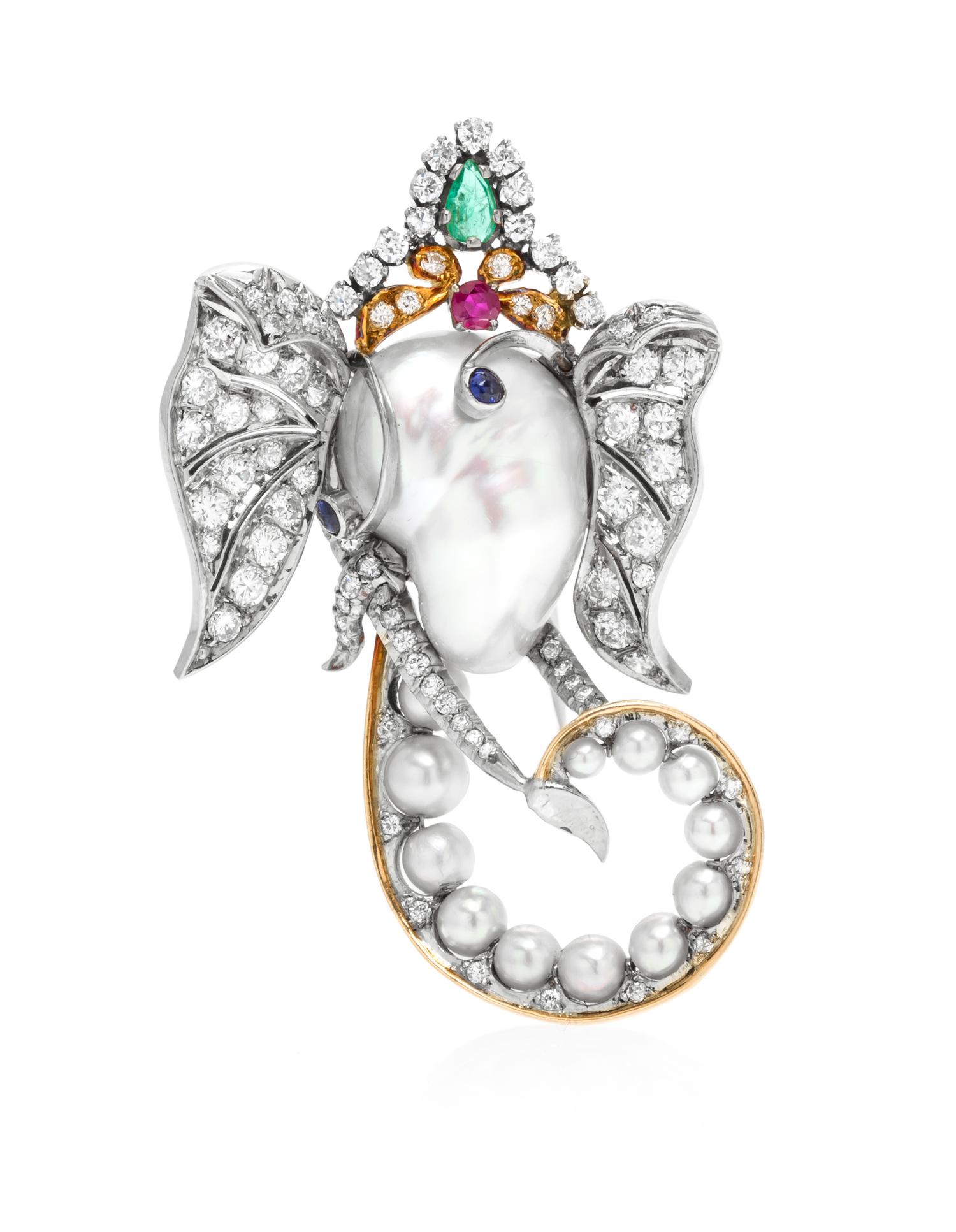 An 18 Karat Yellow and White Gold, Pearl, Diamond and Multi Gem Elephant Brooch, Enrico Serafini, 10.60 dwts.