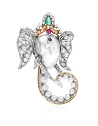 An 18 Karat Yellow and White Gold, Pearl, Diamond and Multi Gem Elephant Brooch, Enrico Serafini, 10.60 dwts.