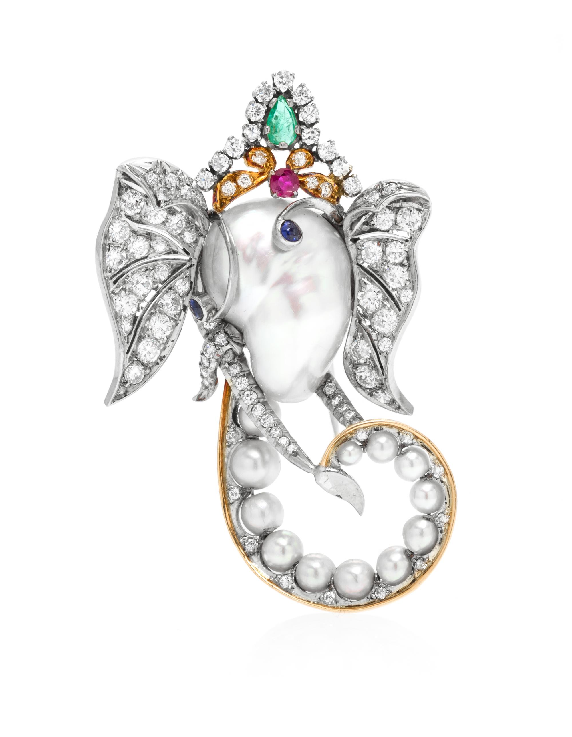 An 18 Karat Yellow and White Gold, Pearl, Diamond and Multi Gem Elephant Brooch, Enrico Serafini, 10.60 dwts.