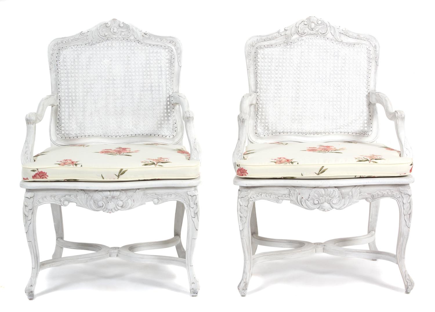 A Pair of Louis XV Style Cane Back and Seat Fauteuils Height 38 inches. — 20TH CENTURY