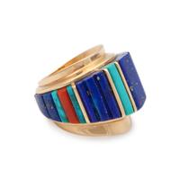 14k Gold with Turquoise, Lapis, and Coral Cobblestone Inlay Ring Lot is located and will ship from Denver, Colorado