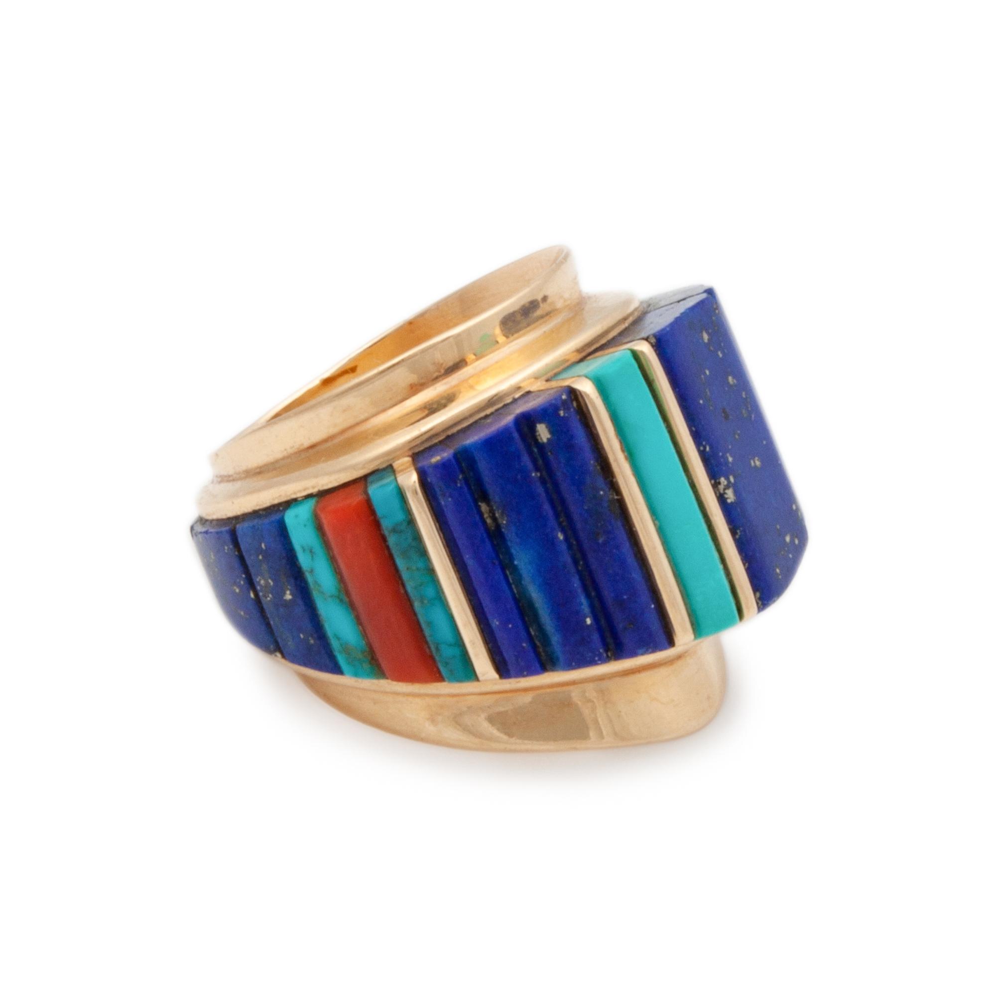 14k Gold with Turquoise, Lapis, and Coral Cobblestone Inlay Ring Lot is located and will ship from Denver, Colorado