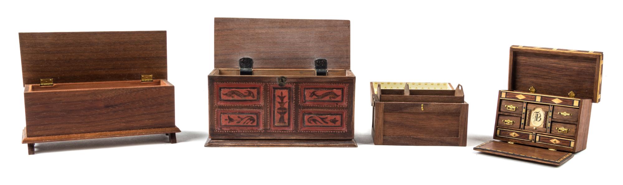 An Assembled Group of Three Chests and a Trunk Largest height 2 1/4 x width 4 1/2 x depth 1 3/4 inches. — Various Makers