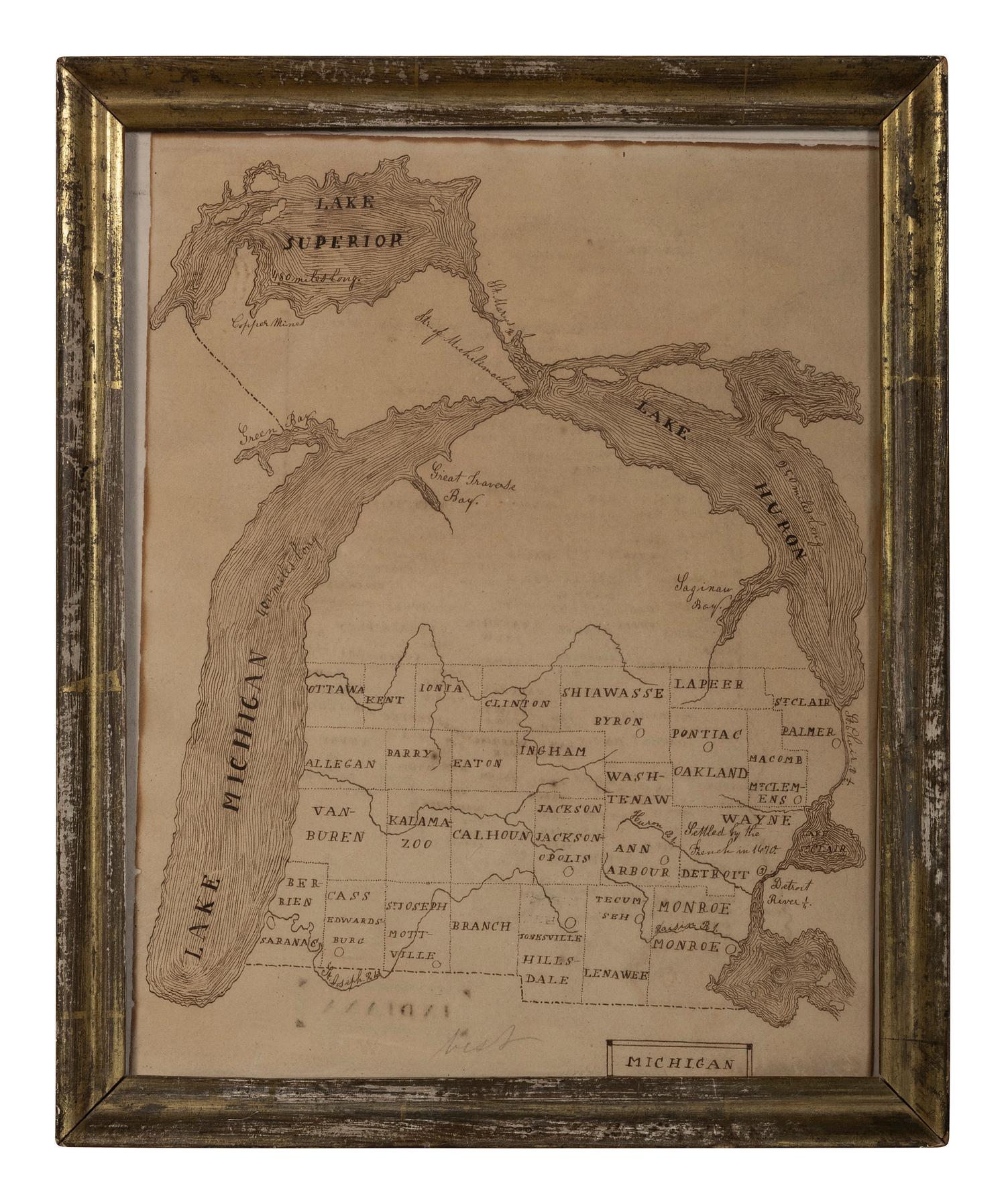 A Pen and Ink Hand-Drawn Student's Double-Sided Map of Michigan and Indiana