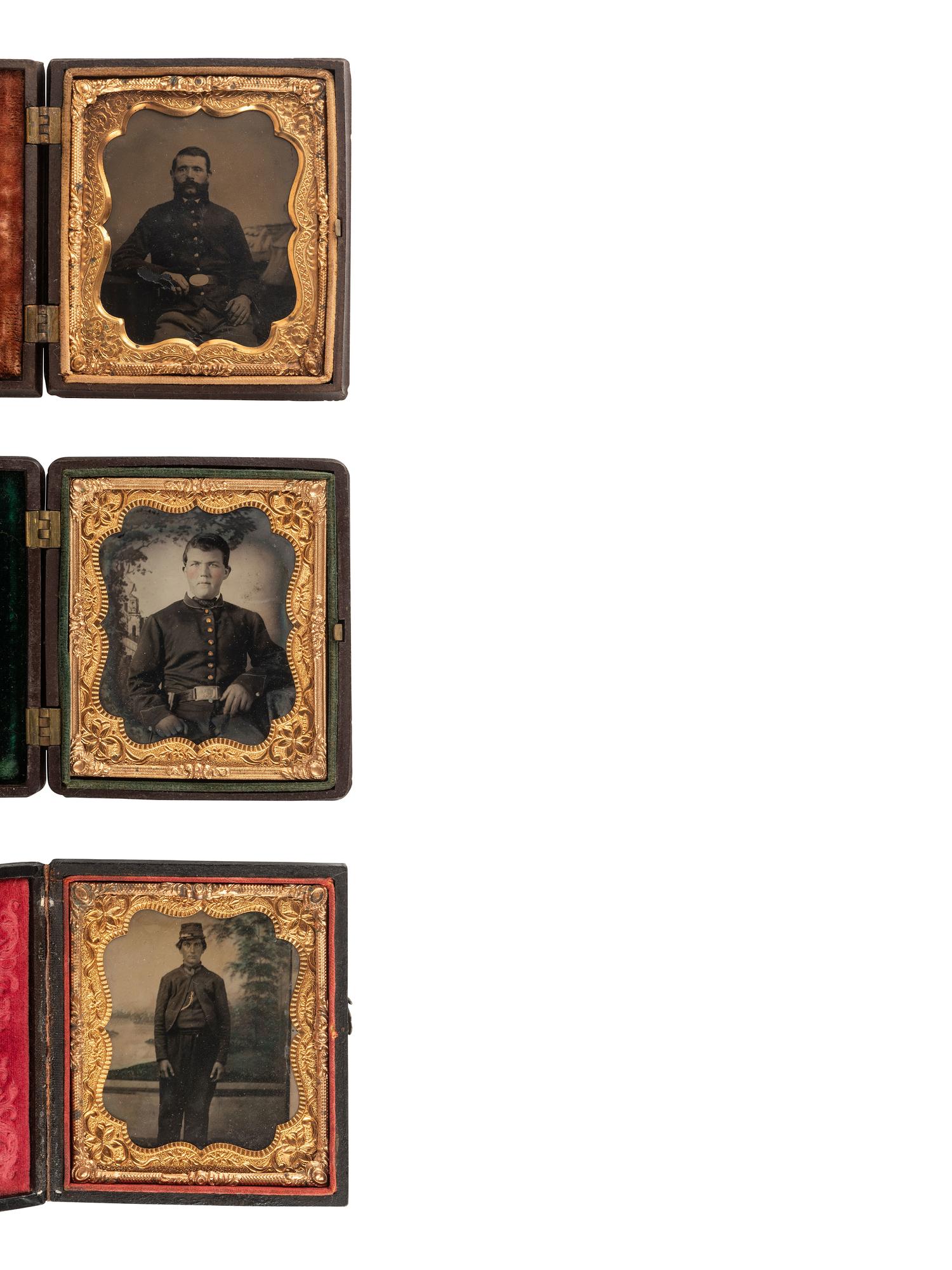 [CIVIL WAR]. A trio of sixth plate images of soldiers posed before painted backdrops.