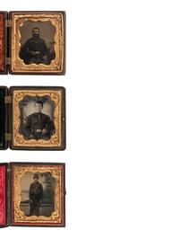 [CIVIL WAR]. A trio of sixth plate images of soldiers posed before painted backdrops.