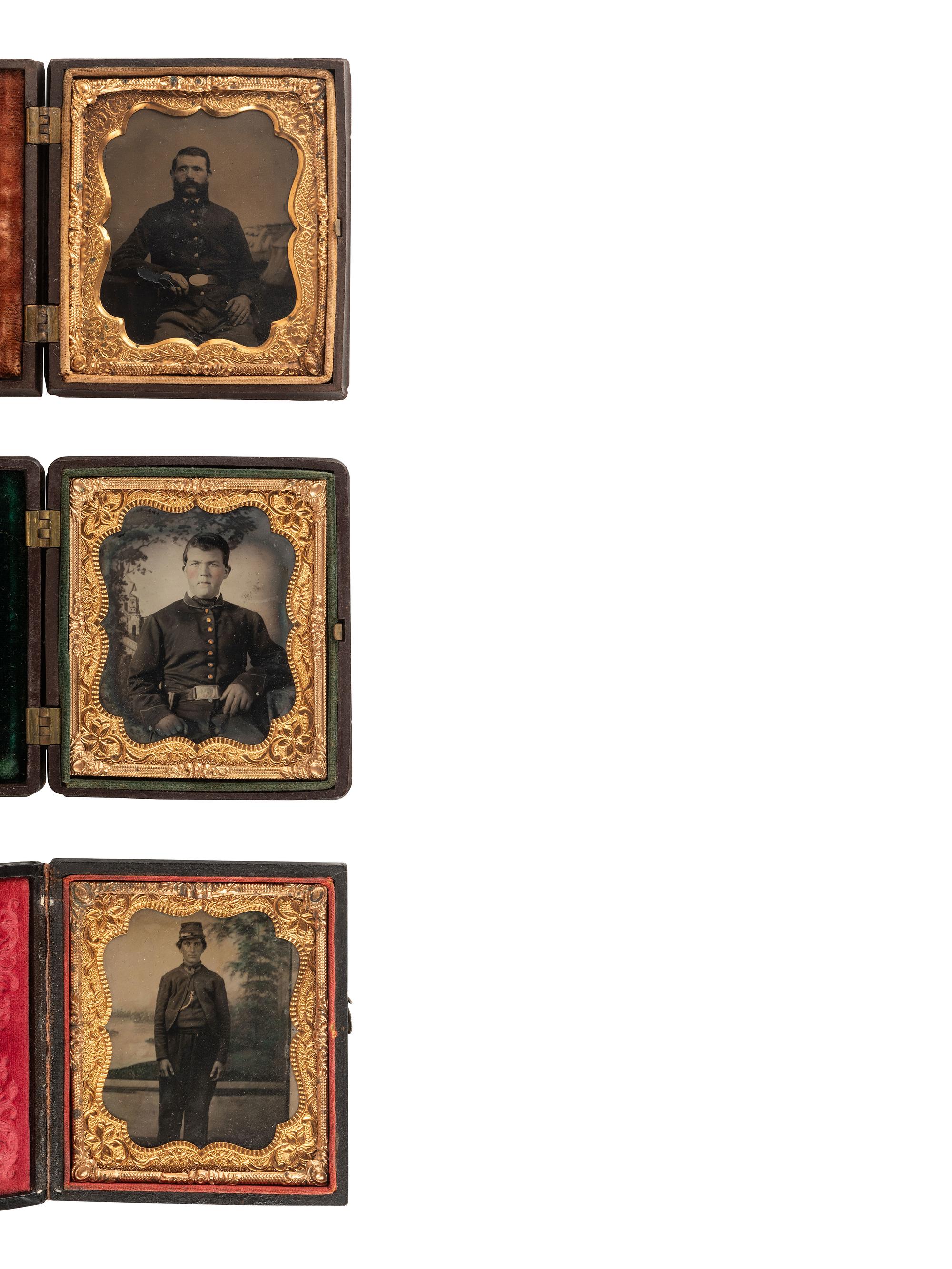 [CIVIL WAR]. A trio of sixth plate images of soldiers posed before painted backdrops.