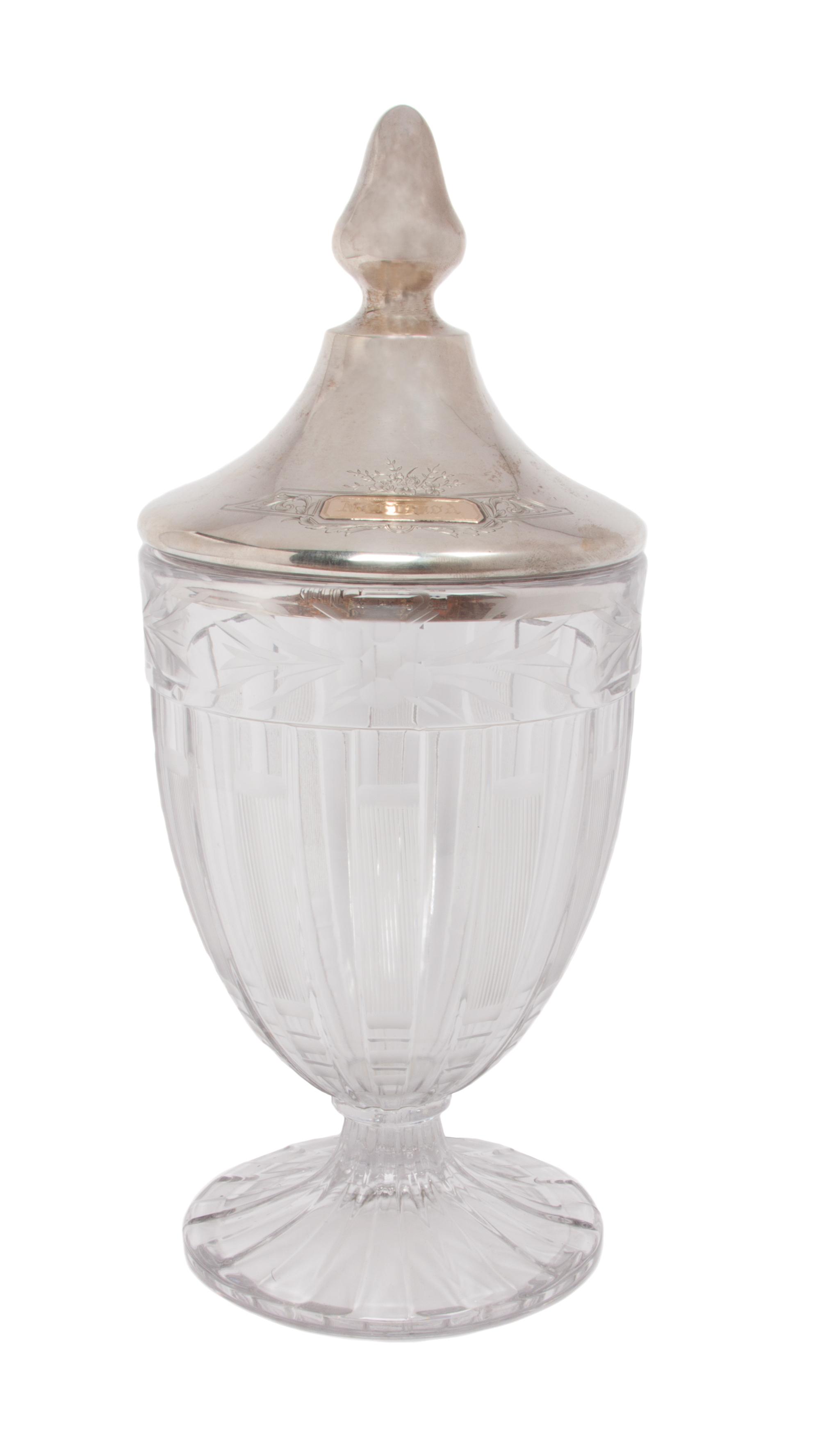 An American Silver Mounted Cut Glass Presentation Vase, Sweetser Co., New York, NY, Circa 1900-1915, of baluster form, the silver lid w
