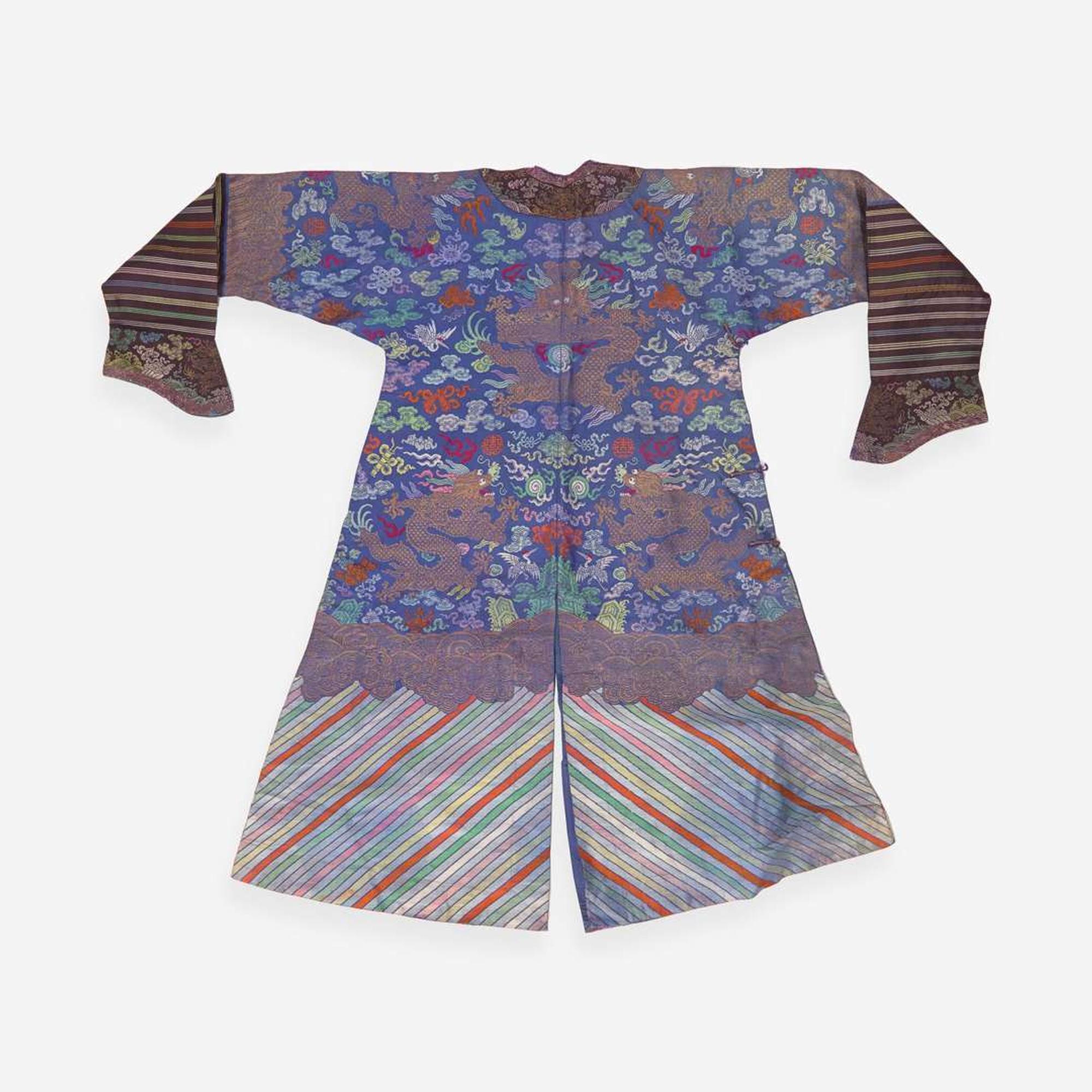 A Chinese blue-ground woven silk and metallic thread “Nine-Dragon” robe 天蓝地九龙袍 Qing dynasty ?