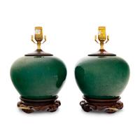 A Pair of Green Crackle Glazed Porcelain Jars Mounted as Lamps