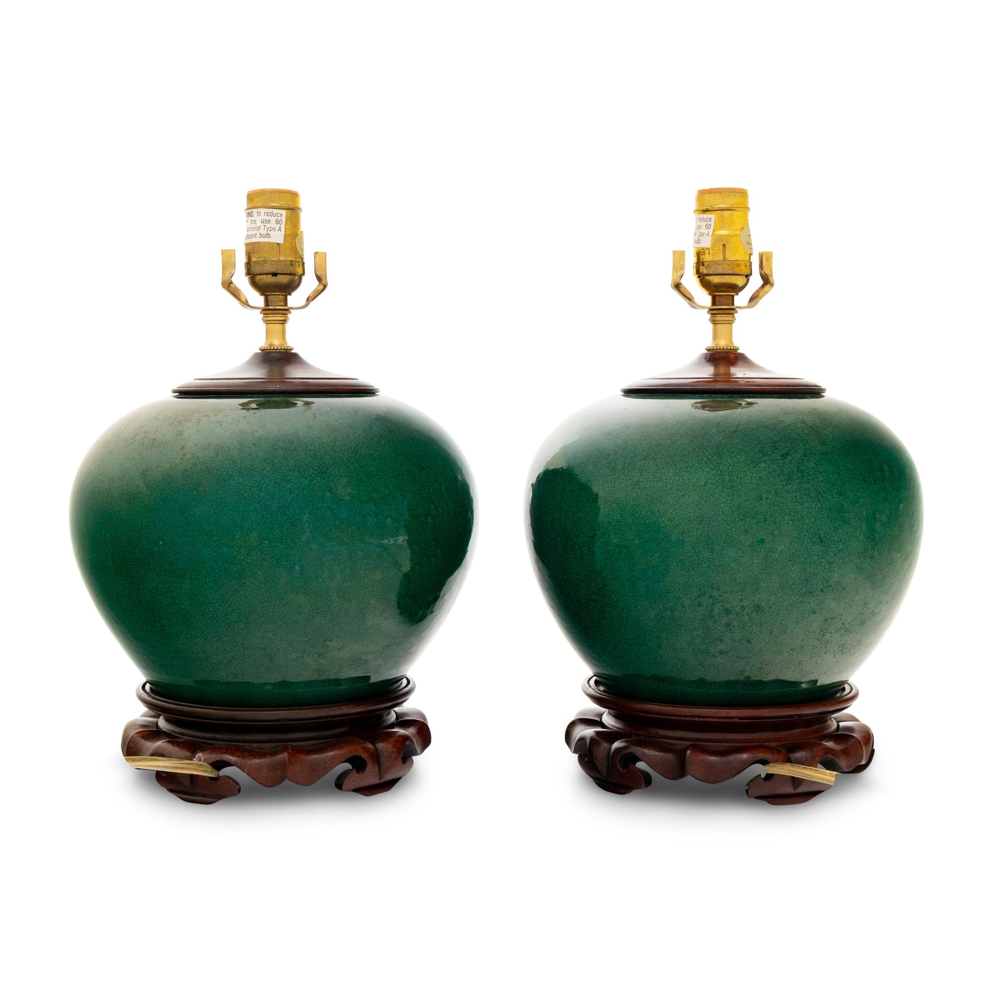 A Pair of Green Crackle Glazed Porcelain Jars Mounted as Lamps