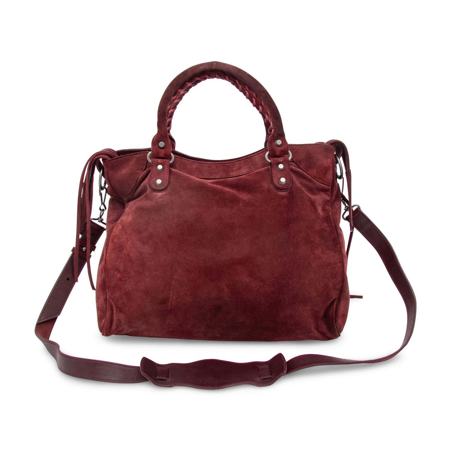 BALENCIAGA, BURGUNDY SUEDE CITY BAG
