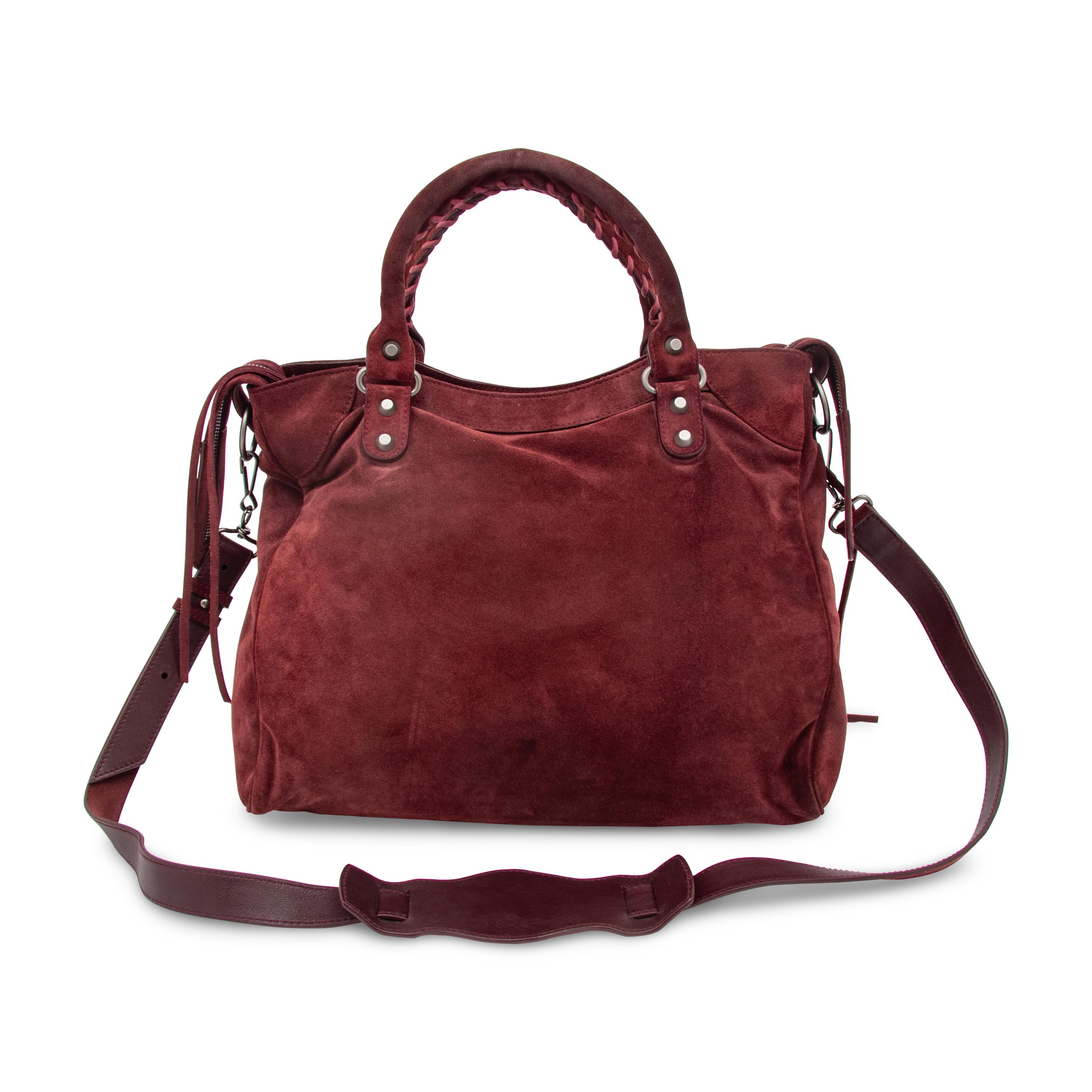 BALENCIAGA, BURGUNDY SUEDE CITY BAG