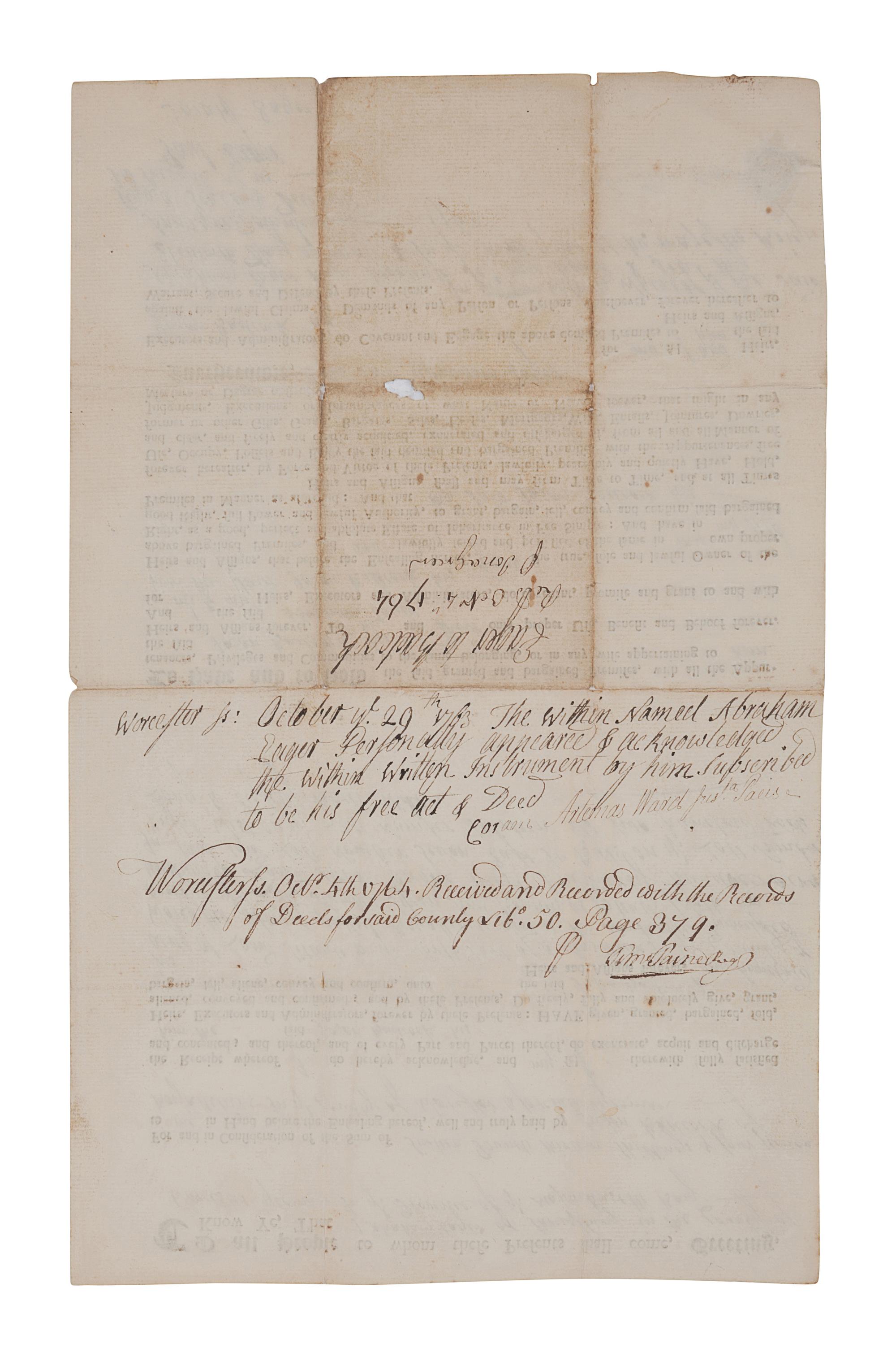 WARD, Artemas. Partly printed document accomplished in manuscript signed on verso (“Artemas Ward”).