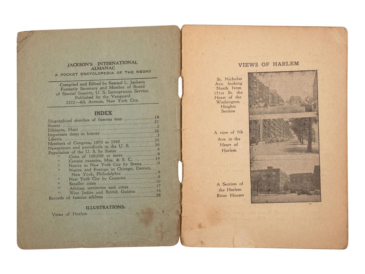 JACKSON, Samuel L., ed. Jackson's International Almanac: A Pocket Encyclopedia of the Negro . [New York]: [Vanguard], [1940].