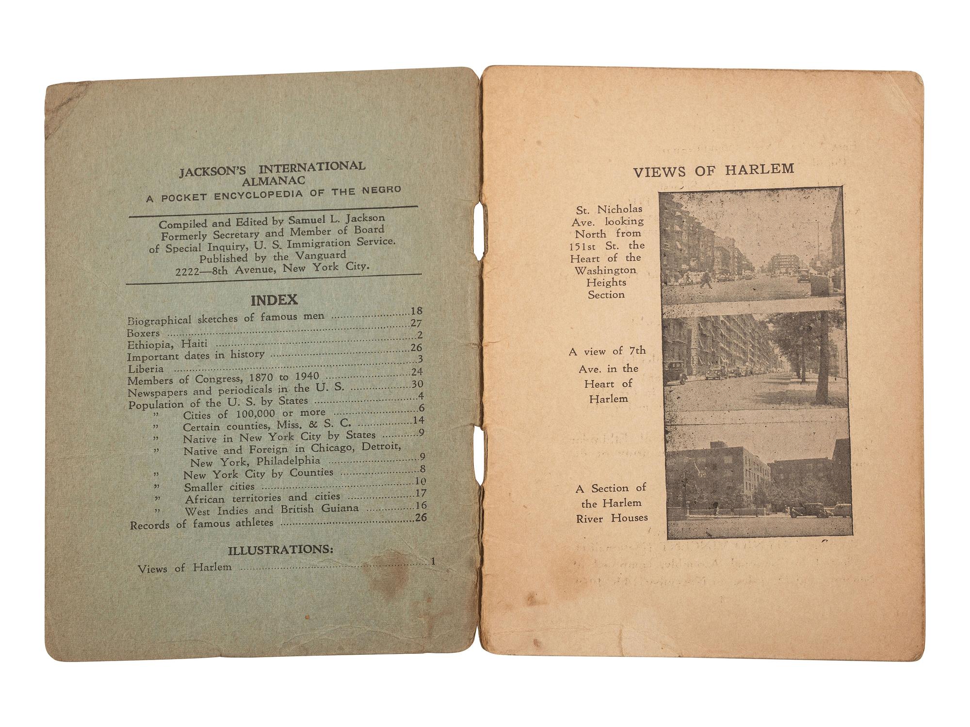JACKSON, Samuel L., ed. Jackson's International Almanac: A Pocket Encyclopedia of the Negro . [New York]: [Vanguard], [1940].