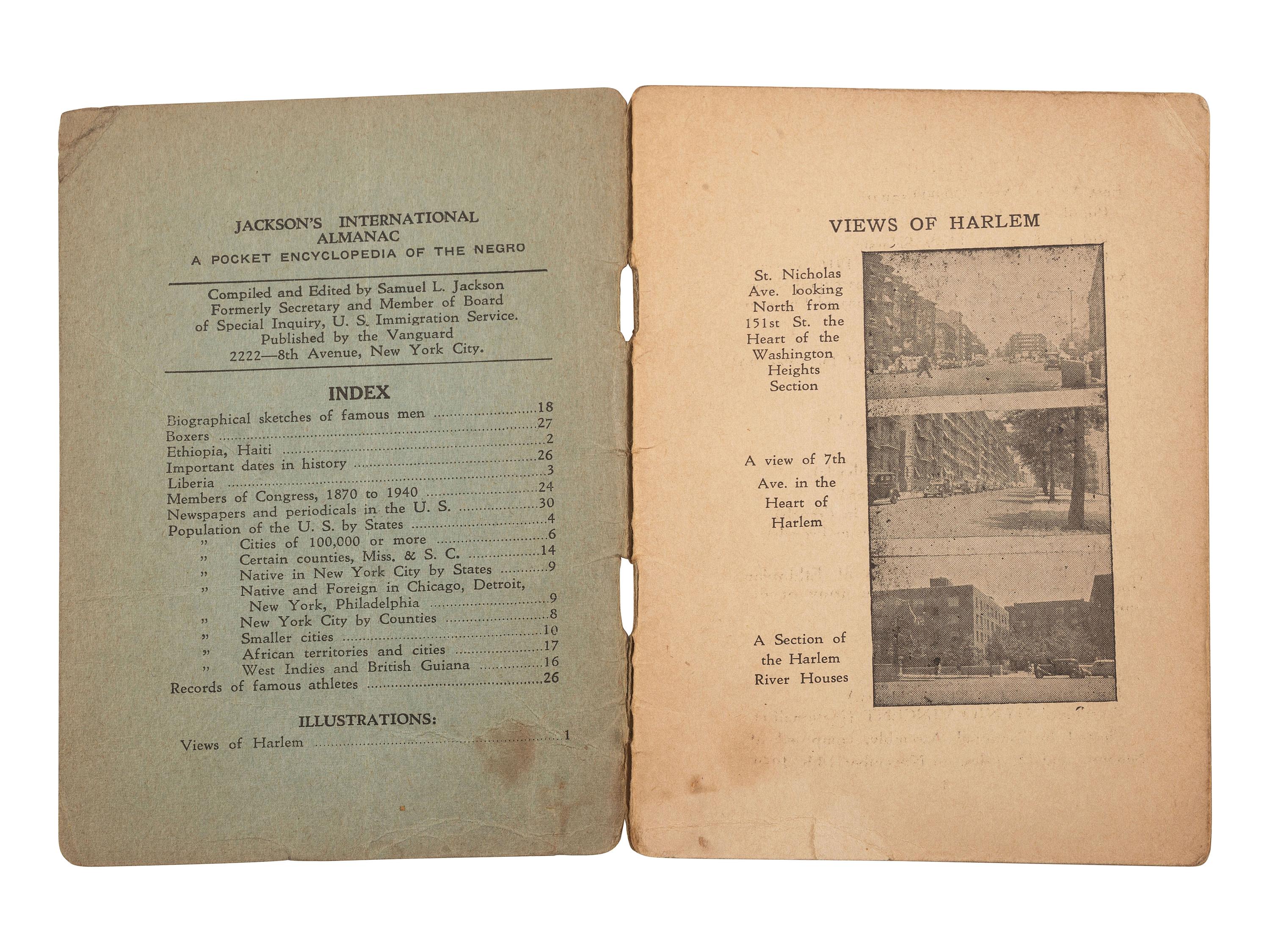 JACKSON, Samuel L., ed. Jackson's International Almanac: A Pocket Encyclopedia of the Negro . [New York]: [Vanguard], [1940].
