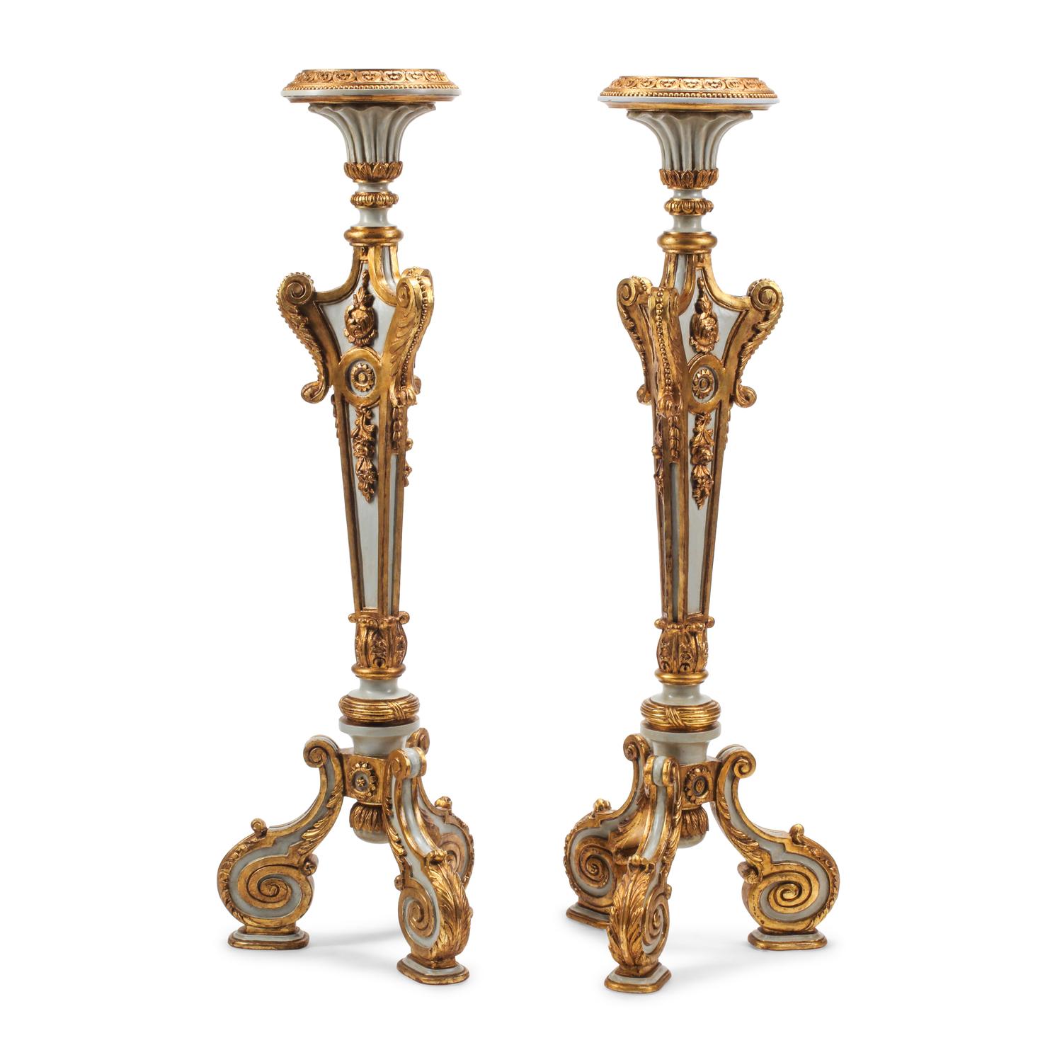 A Pair of Régence Style Carved, Painted and Parcel-Gilt Pedestals