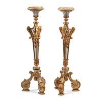 A Pair of Régence Style Carved, Painted and Parcel-Gilt Pedestals