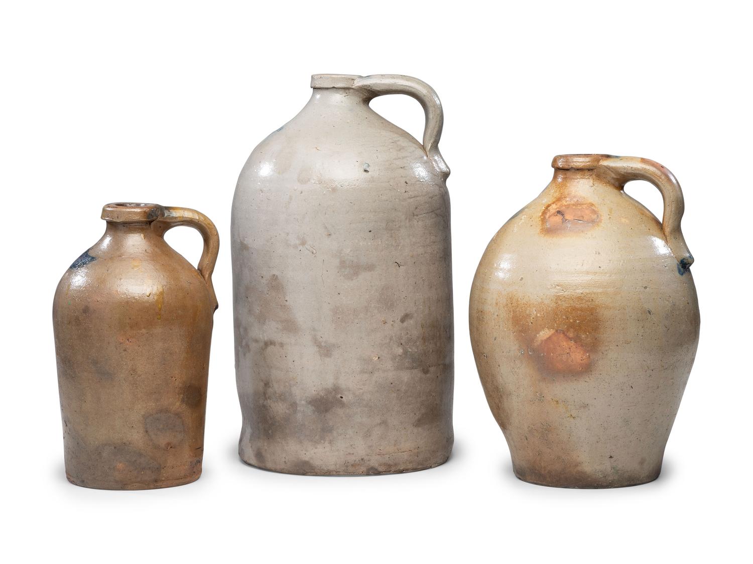 Three Chauncey Tupper Cobalt Decorated Stoneware Jugs