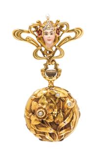 An Art Nouveau 14 Karat Yellow Gold, Diamond, Seed Pearl and Polychrome Enamel Lapel Watch, 18.20 dwts.