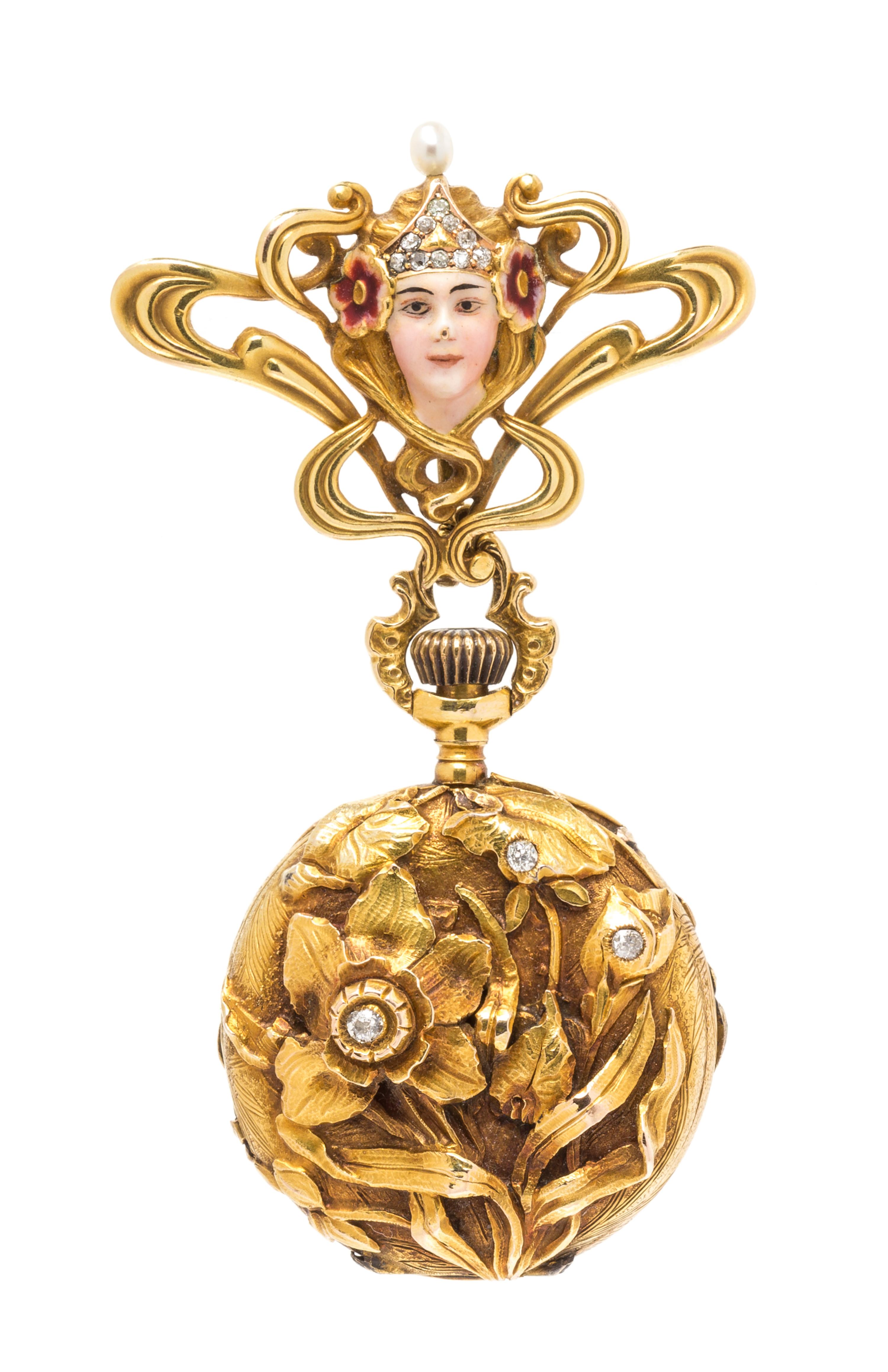 An Art Nouveau 14 Karat Yellow Gold, Diamond, Seed Pearl and Polychrome Enamel Lapel Watch, 18.20 dwts.