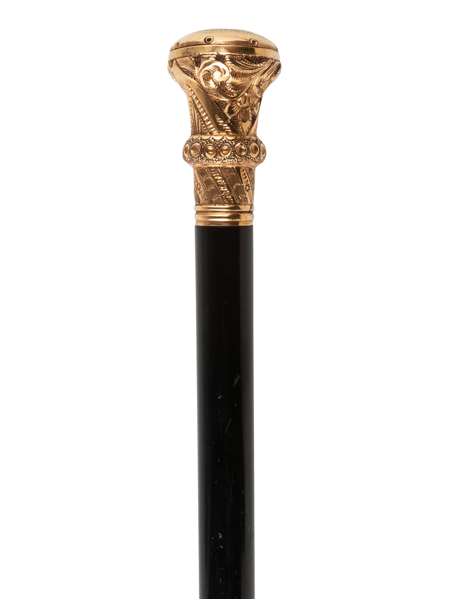 [TRANSPORTATION - RAILROAD]. Rhode Island Locomotive Works presentation walking stick with 18K gold knob.