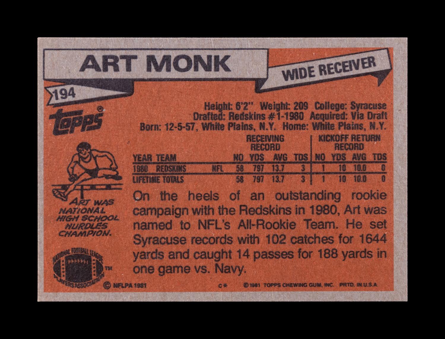 A Group of Six Topps Football Hall of Fame Rookie Cards (Including Tony Dorsett, John Elway, Dan Marino, Art Monk, Lawrence Taylor)