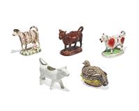 Three Staffordshire Cow-Form Creamers and a Quail-Form Covered Tureen
