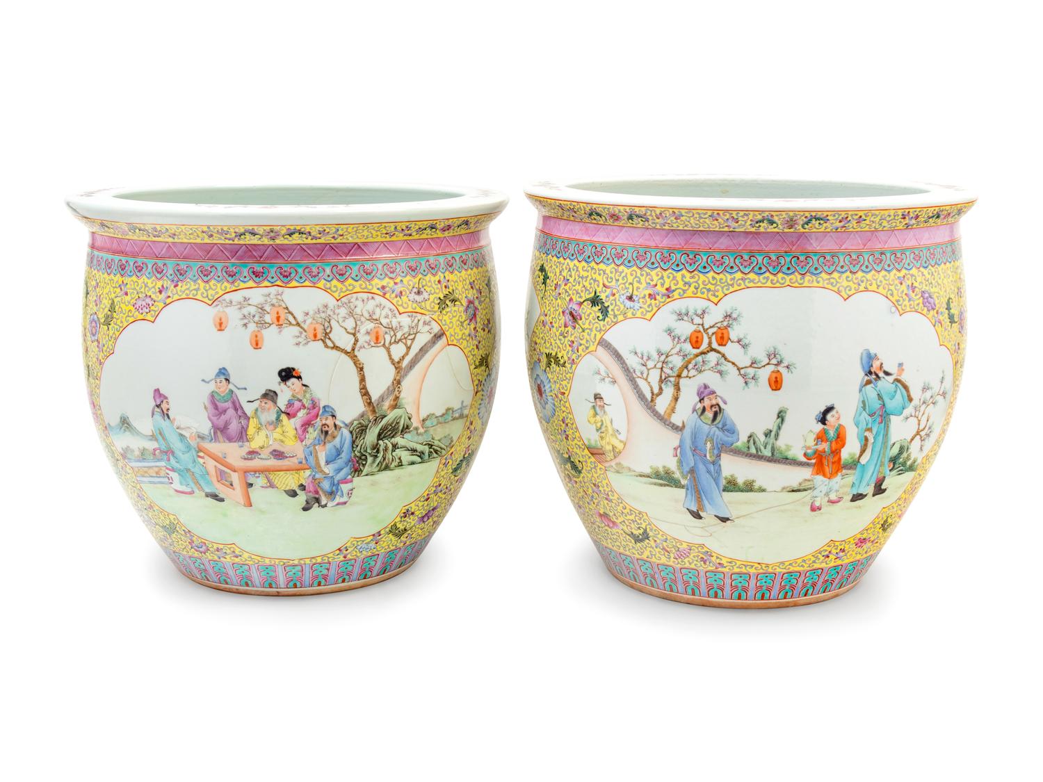 A Pair of Chinese Export Yellow Ground Enameled Porcelain Jardinières