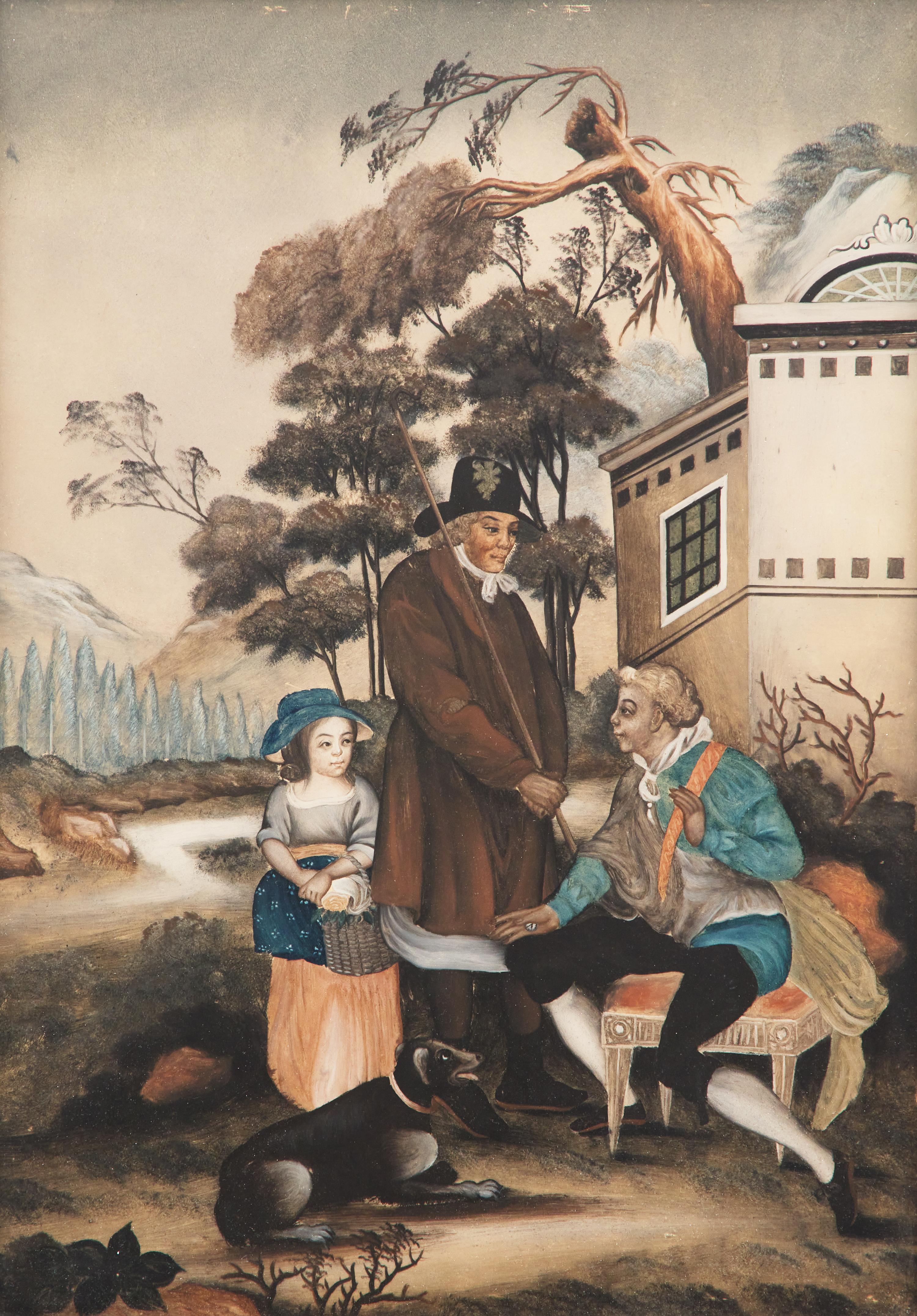 A Pair of Chinese Export Reverse-Glass Painted Pictures of Western Figures in Bucolic Landscapes