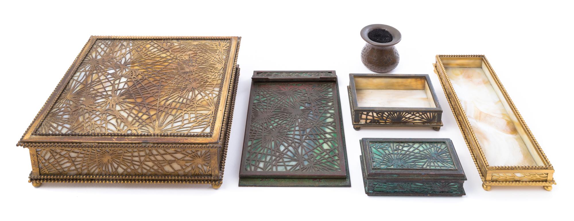 Tiffany Studios, a set of six Pine Needle pattern desk articles
