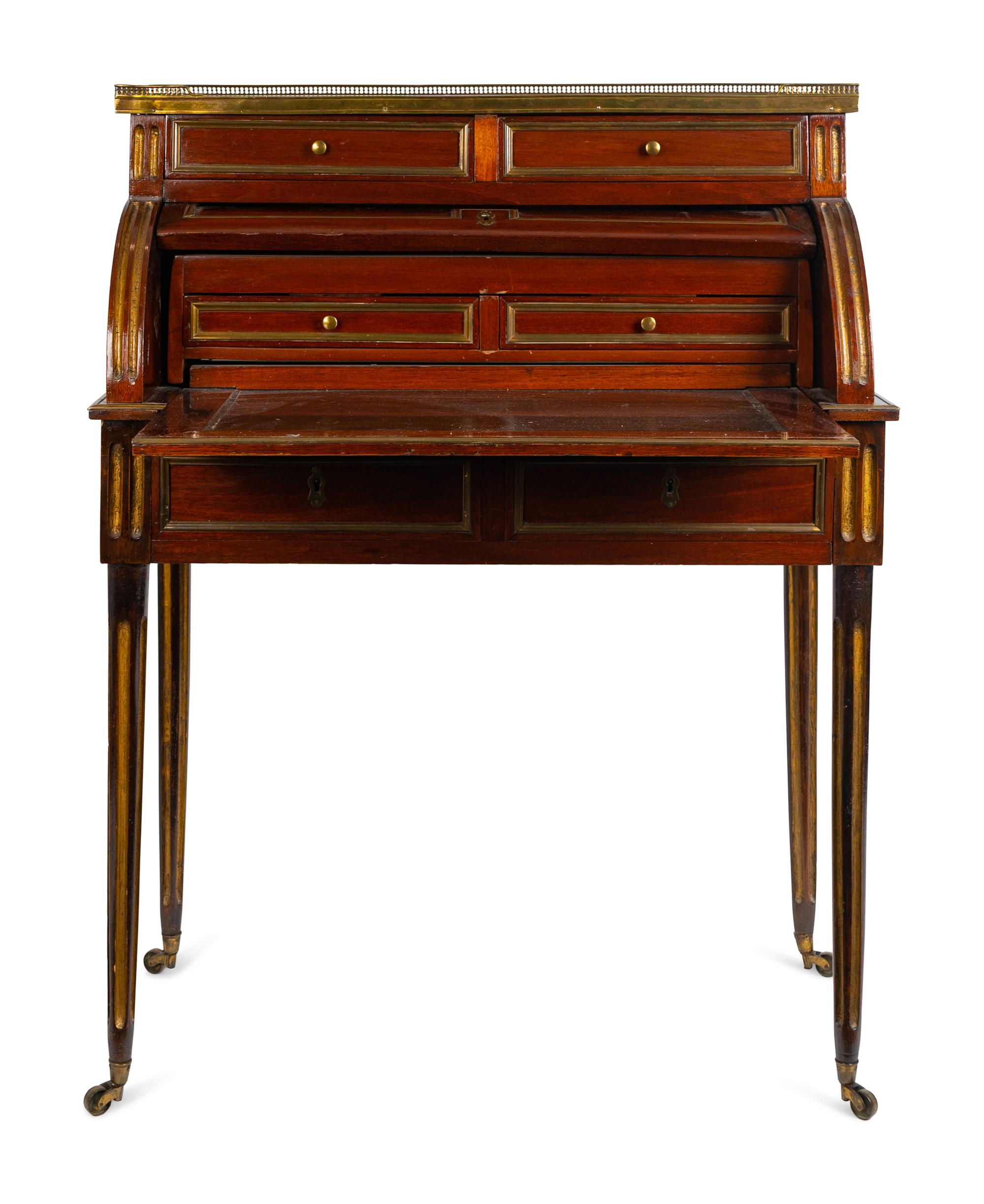A Louis XVI Style Brass Mounted Mahogany Bureau a Cylindre — 19TH CENTURY