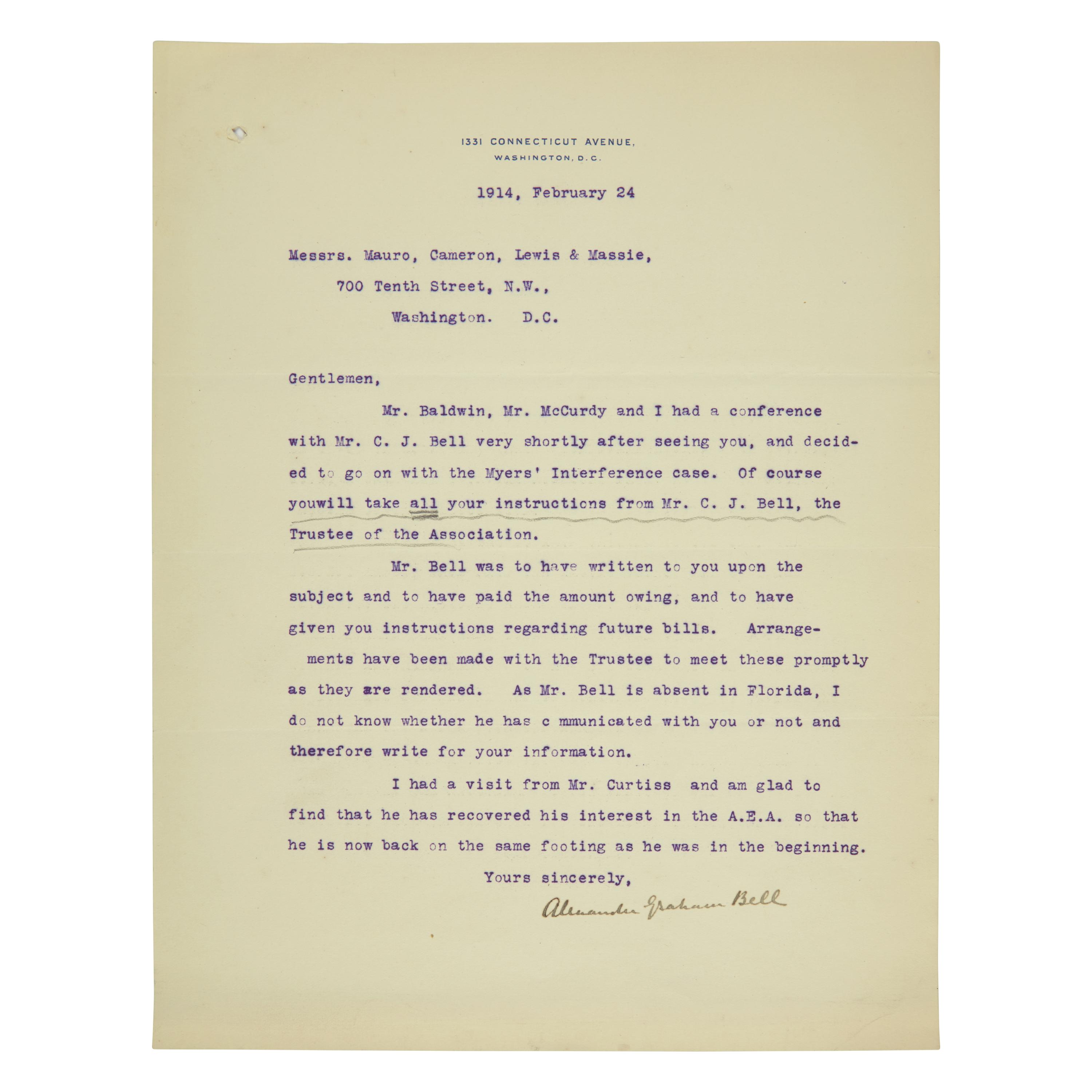 [Science & Medicine] Bell, Alexander Graham. Typed Letter, signed