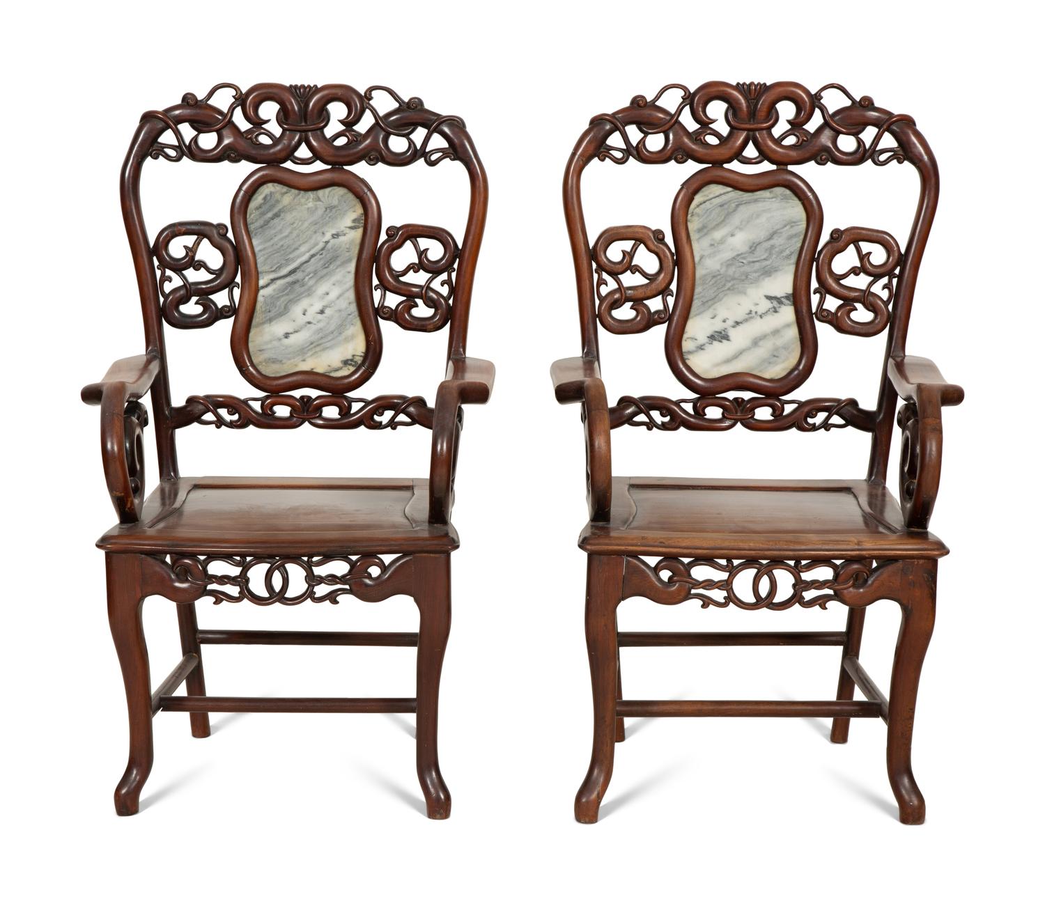 A Pair of Chinese Marble-Inset Hardwood Armchairs
