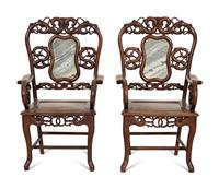 A Pair of Chinese Marble-Inset Hardwood Armchairs