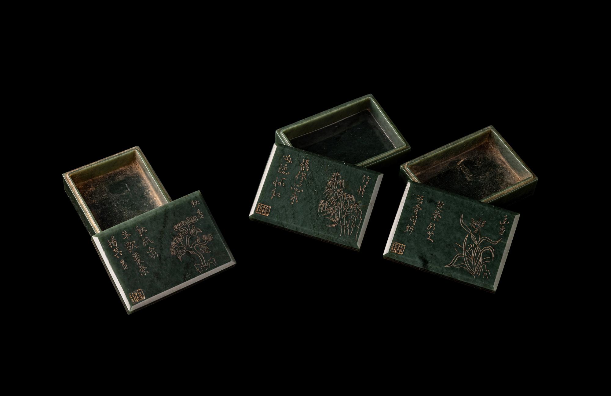 Three Chinese Spinach Jade Boxes and Covers