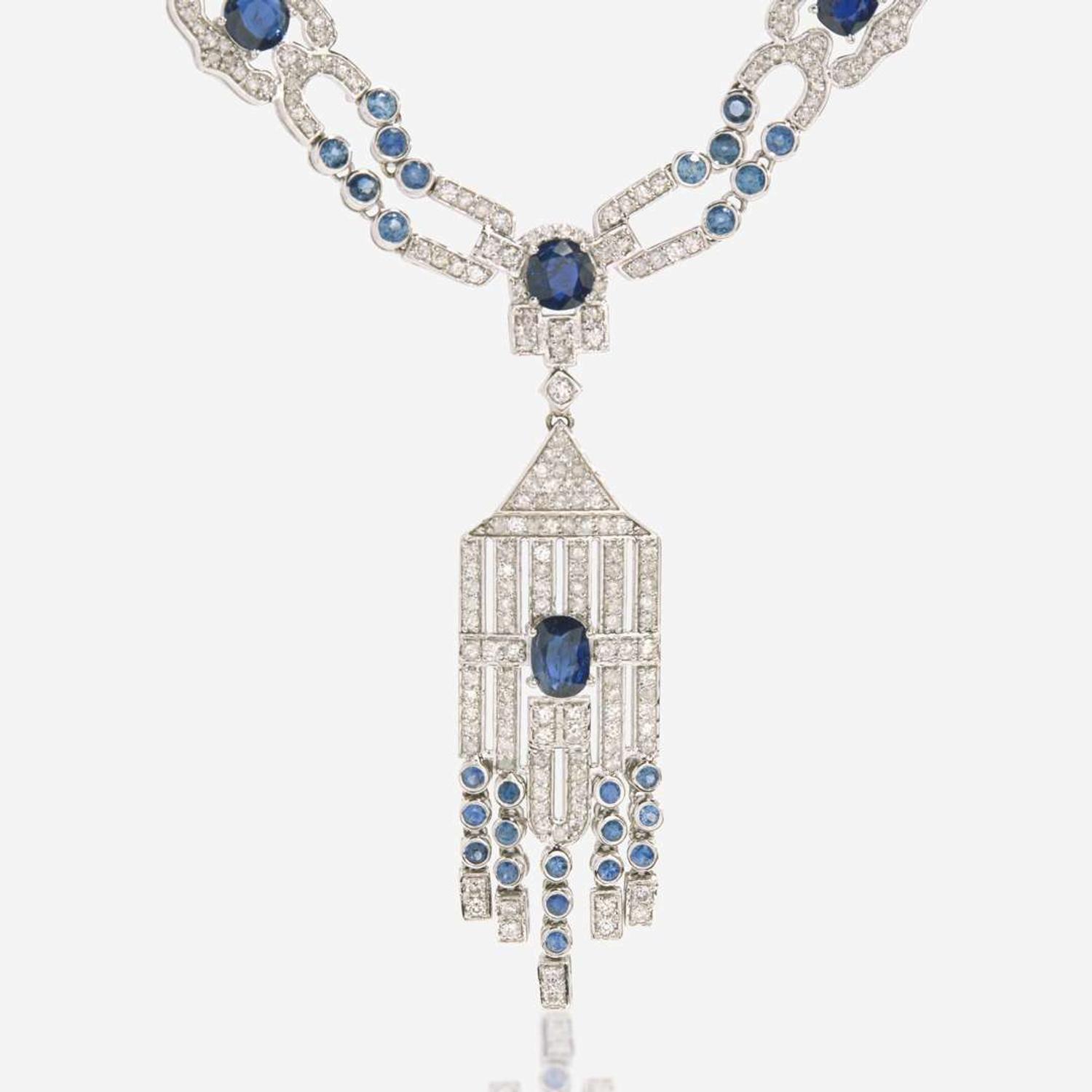 A Matching Set of Sapphire and Diamond Earrings and Necklace Untreated Burma Sapphire