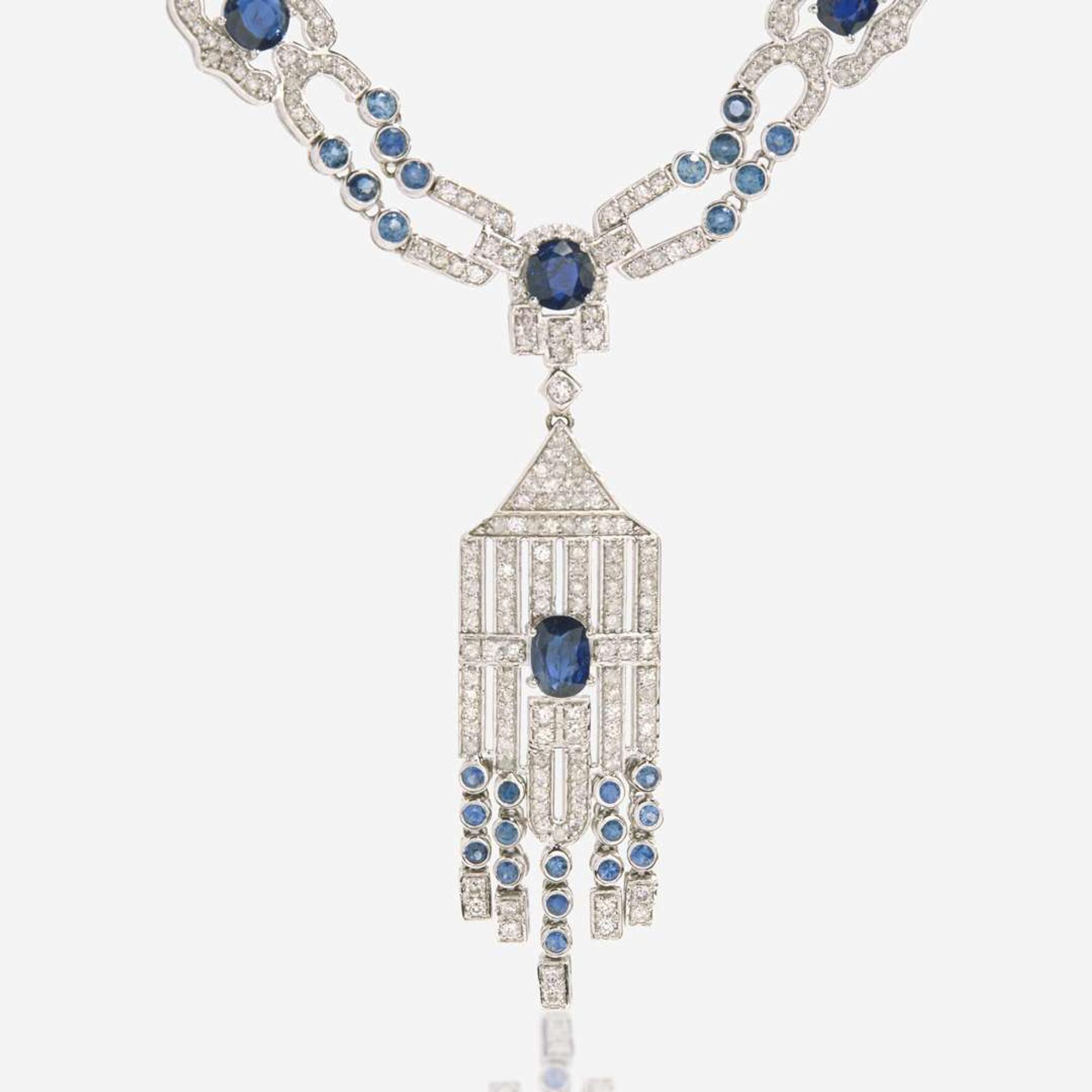 A Matching Set of Sapphire and Diamond Earrings and Necklace Untreated Burma Sapphire