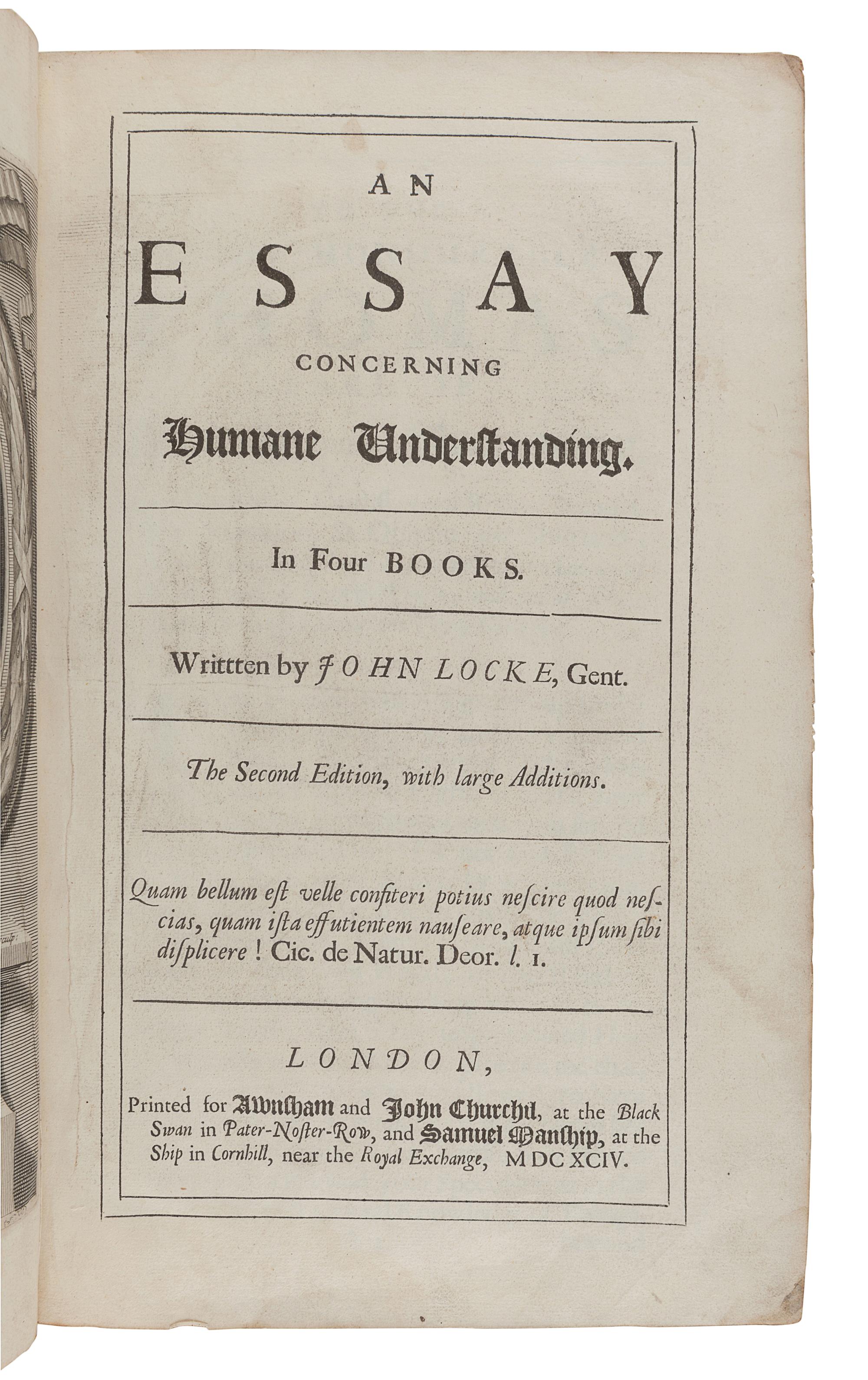 LOCKE, John (1632-1704). An Essay concerning Humane Understanding. London: for Albasham, John Churchill, and Samuel Manship, 1694.