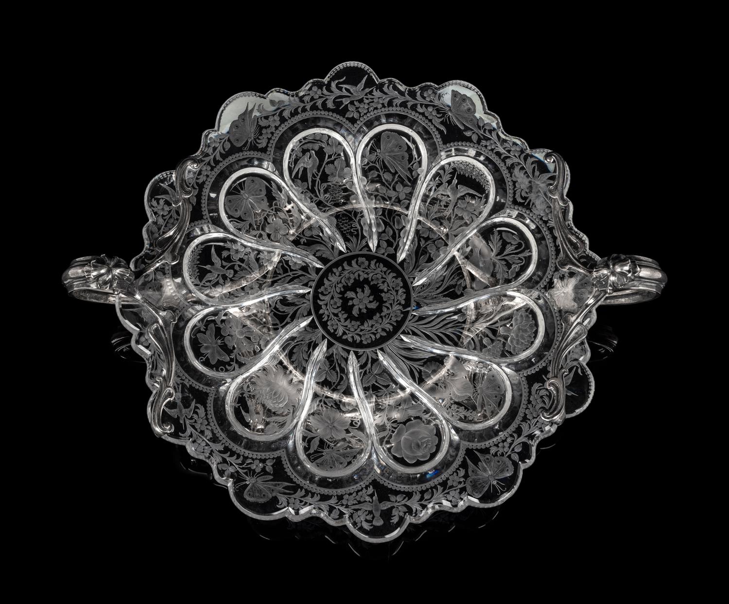 An American Silver Mounted Etched Glass Center Bowl