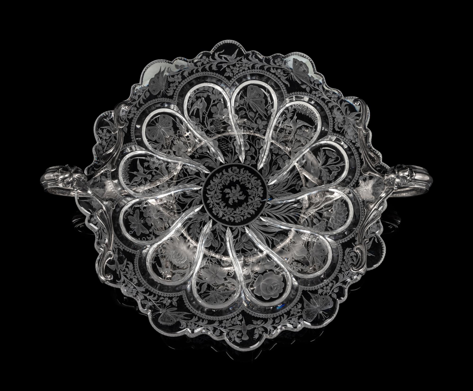 An American Silver Mounted Etched Glass Center Bowl