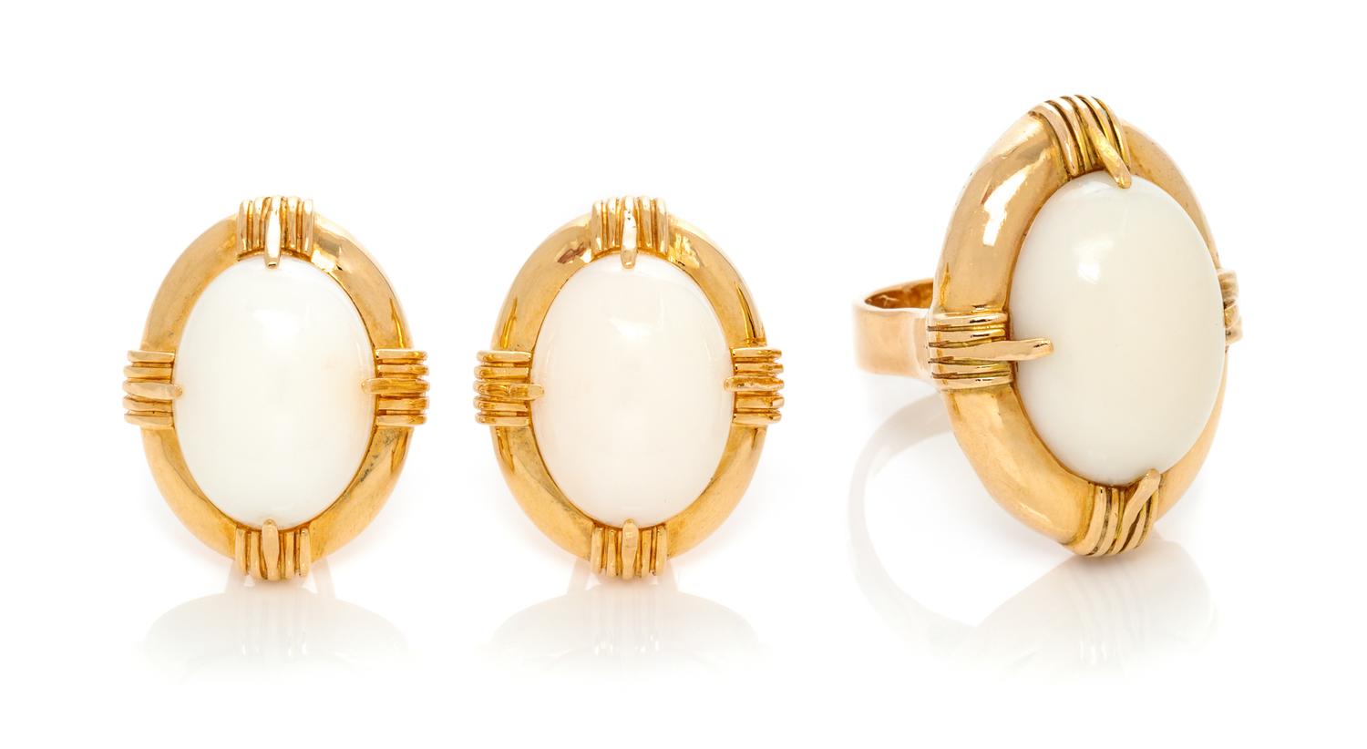 A 14 Karat Yellow Gold and White Coral Demi-Parure, Gumps, 17.80 dwts.